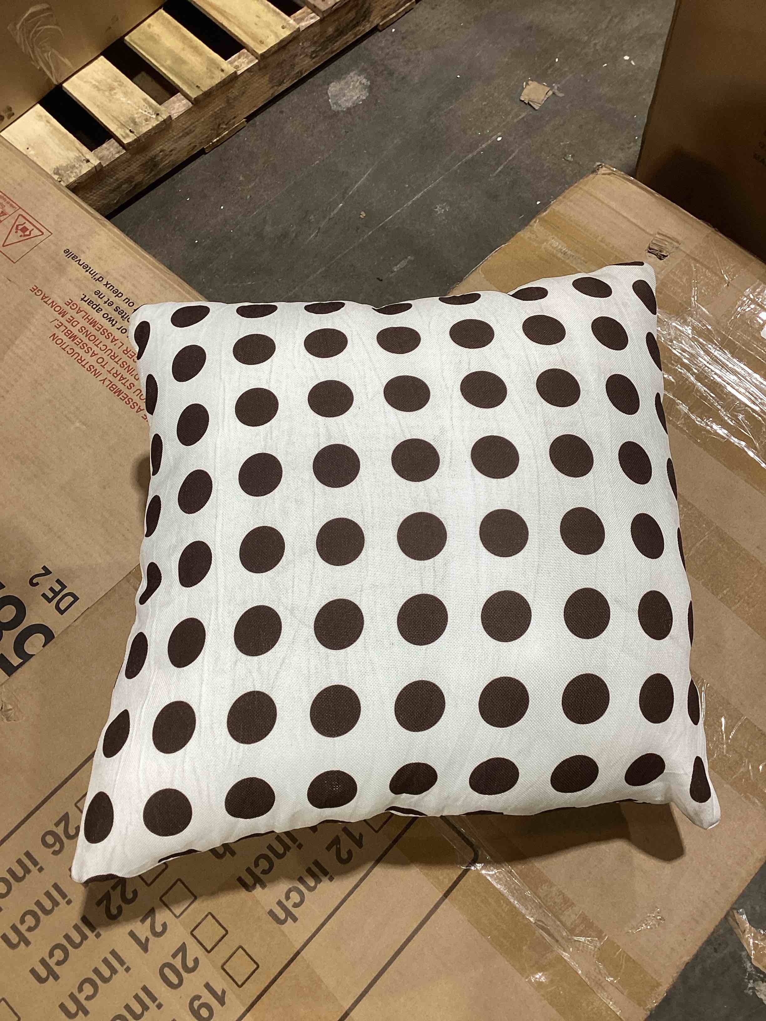 Condition photo showing Good Condition for polka dots pattern dotted white on black design beige throw pillow 1 piece