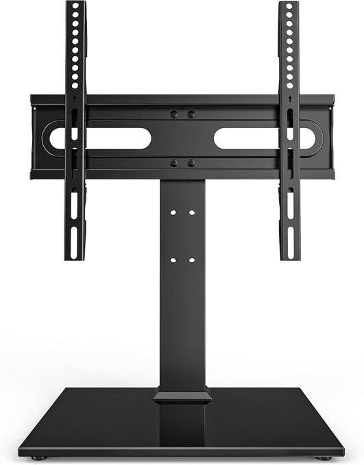 universal tv stand - table top tv stand for 27-60 inch lcd led tvs - 9 level height adjustable tv base stand with tempered glass base & wire management, vesa 400x400mm