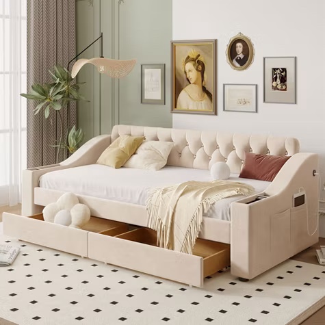 incomplete: twin size upholstered daybed with storage drawers, twin velvet daybed with armrests and usb port, beige