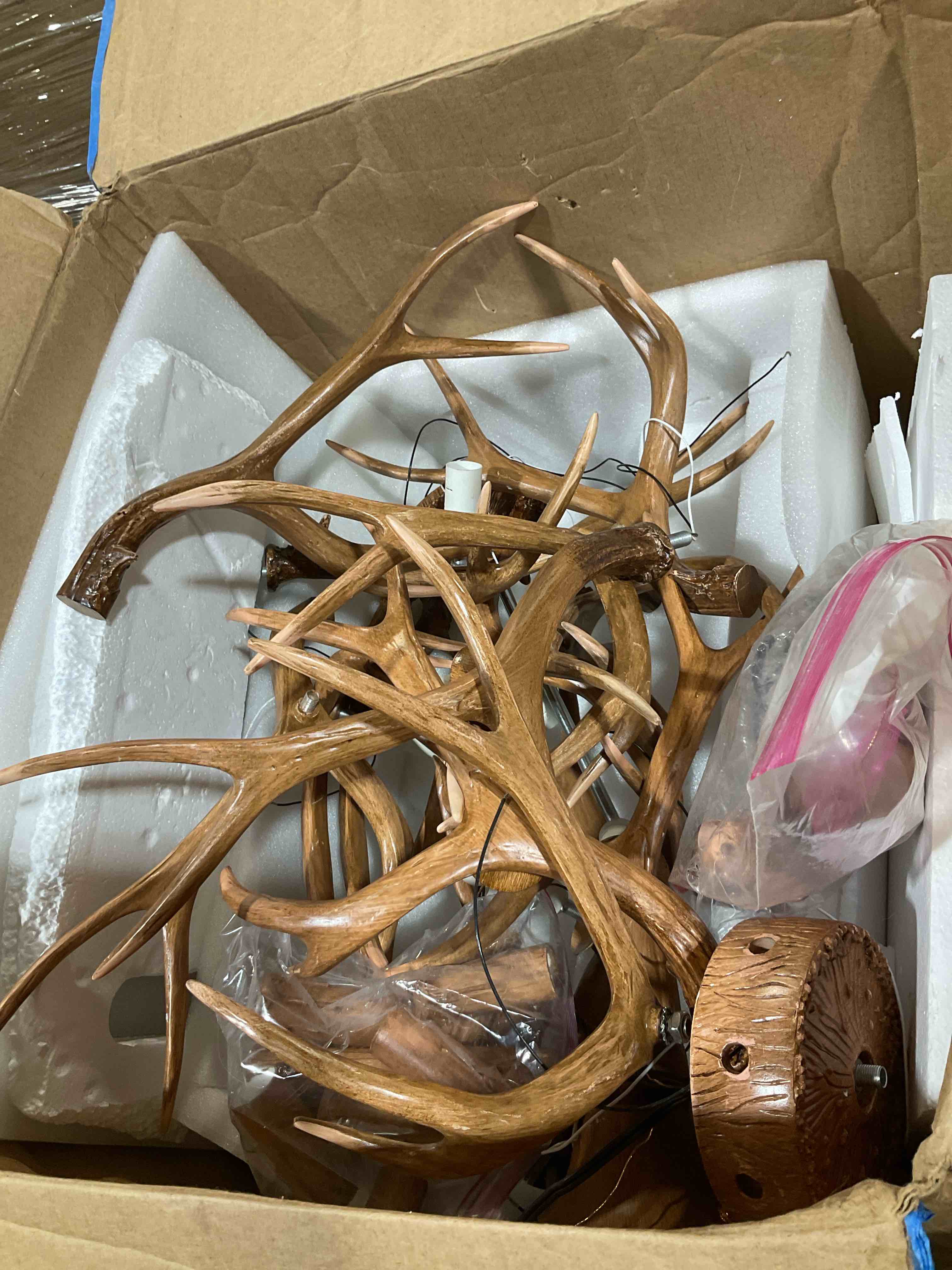 Condition photo showing As Is for tfcfl antlers chandelier, pendant light 6 antlers retro country style deer horn chandelier lighting with e12 base, antler lamp height adjustable for cafes, bars, kitchen