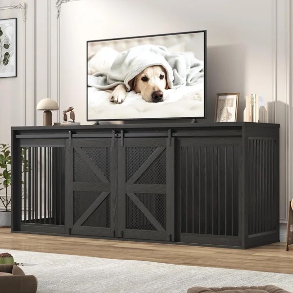 87"w dog crate furniture, farmhouse wooden dog kennel incomplete 