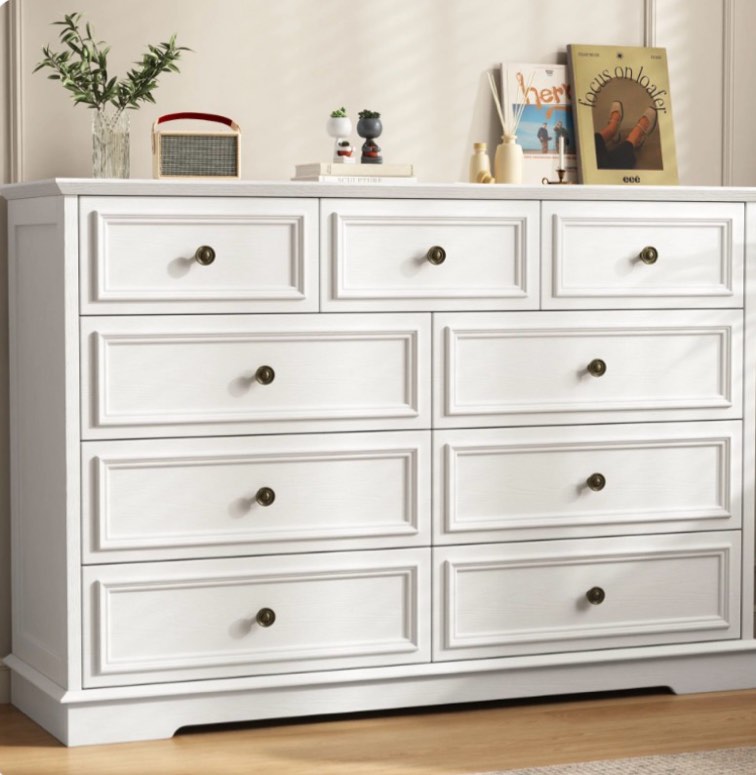 idealsoul white dresser, 9 drawer dresser with round metal handle, 47.2" retro wood storage cabinet with 6 large drawer and 2 small drawer for living room, bedroom, hallway