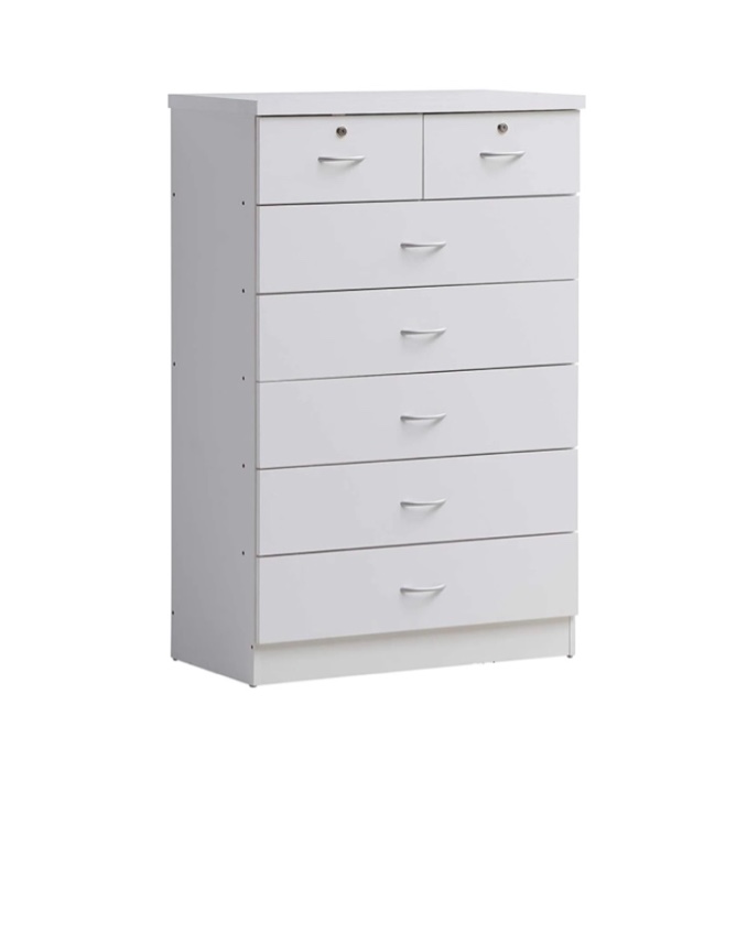 hodedah 7 drawer chest with locks on 2 top drawers in white wood: incomplete