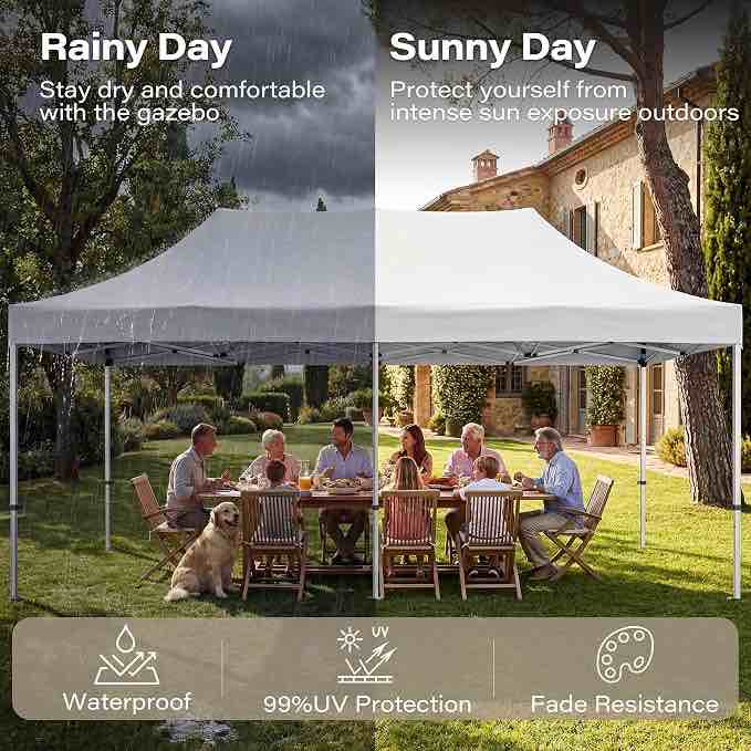 Condition photo showing New/Like New for 10x20 pop up party tent, heavy duty waterproof canopy with removable sidewalls & roll-up door, large white event shelter with steel frame for wedding, for 15–30 people