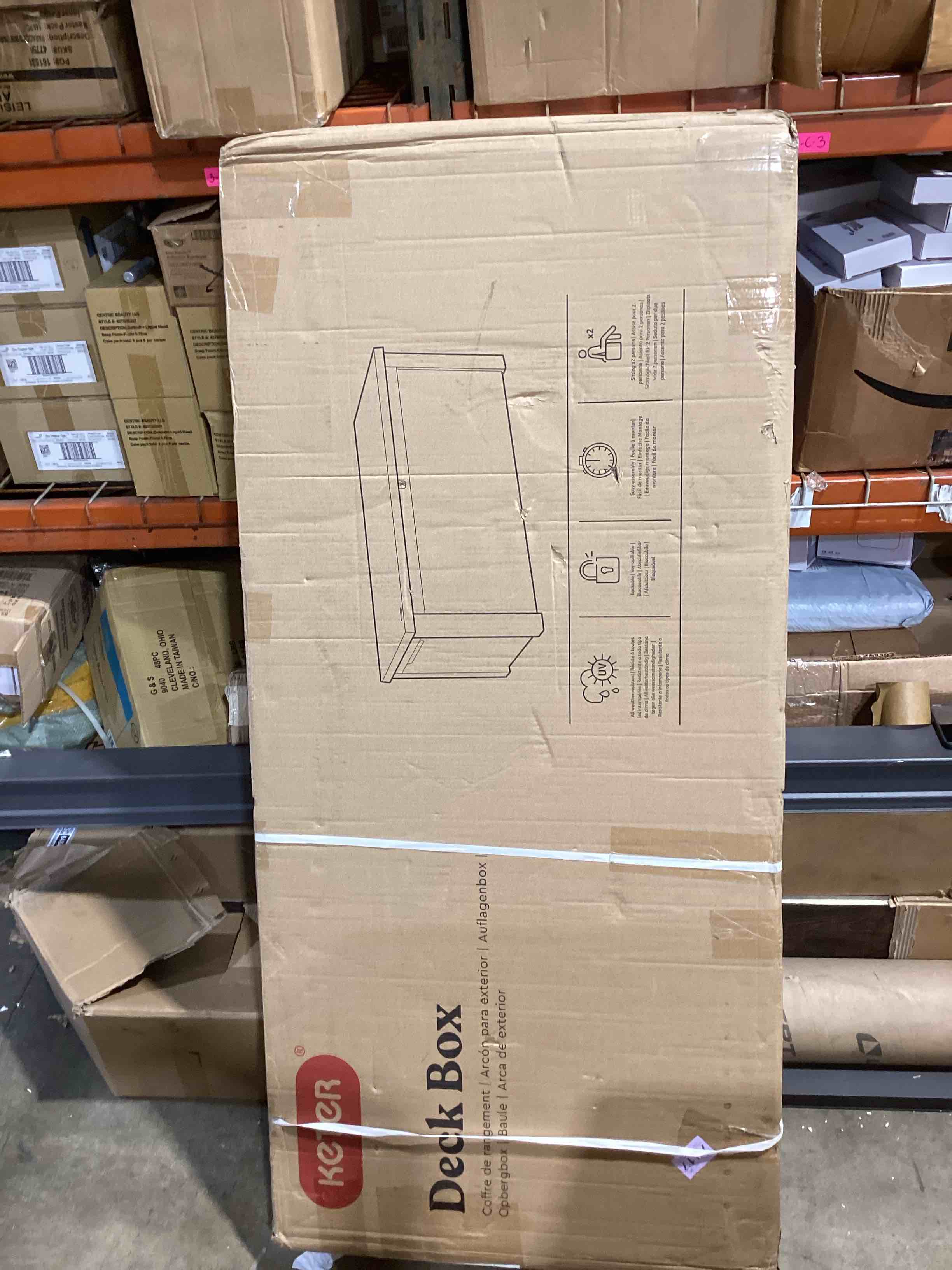 Condition photo showing New/Like New for keter westwood 150 gallon resin large outdoor storage box for patio furniture, outdoor cushions, garden tools and pool floats, beige