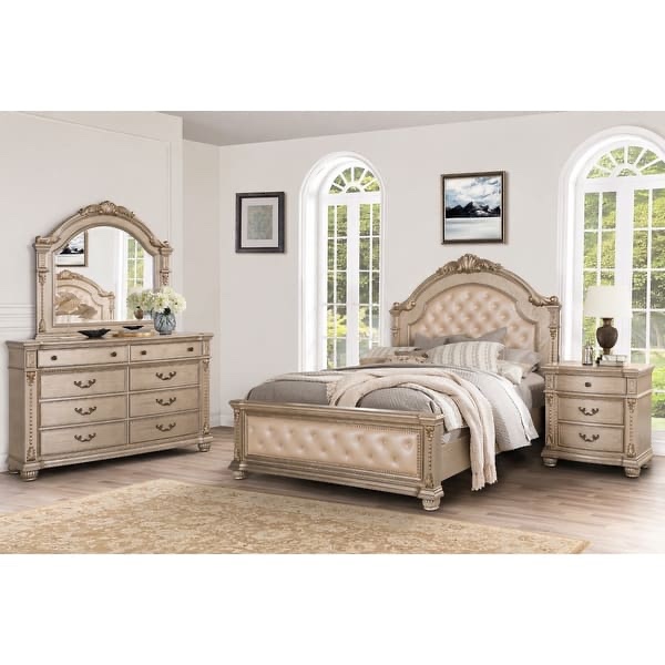 Condition photo showing Good Condition for evelyn champagne bedroom set with upholstered queen footboard / queen/king side rails