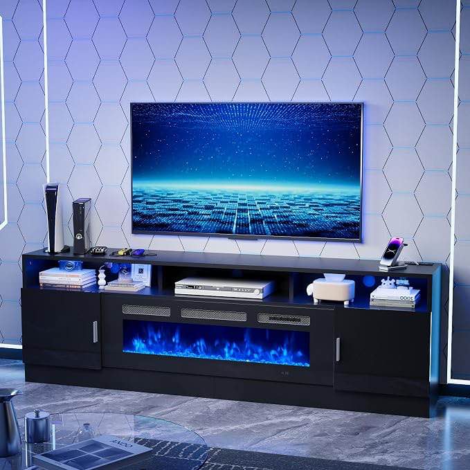 oneinmil 78" fireplace tv stand with power outlet for tvs up to 90", electric fireplace entertainment center with led lights & storage cabinets, media console table for living room