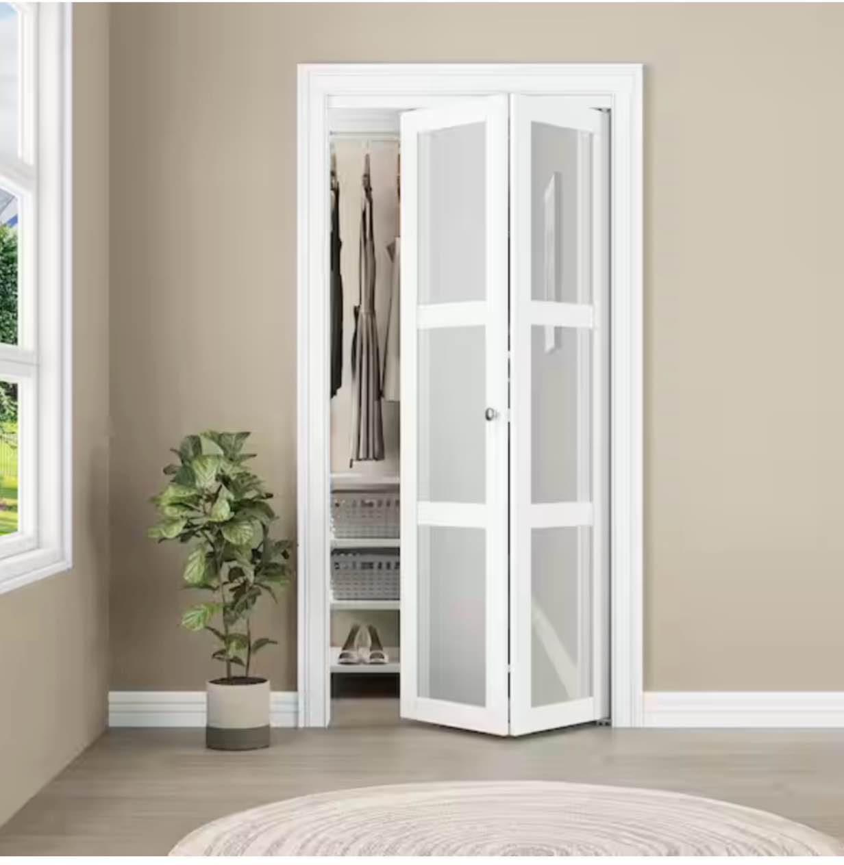 Condition photo showing Good Condition for 36 in. x 96 in. 3-lite frosted glass white finished solid core mdf bi-fold door with hardware kit