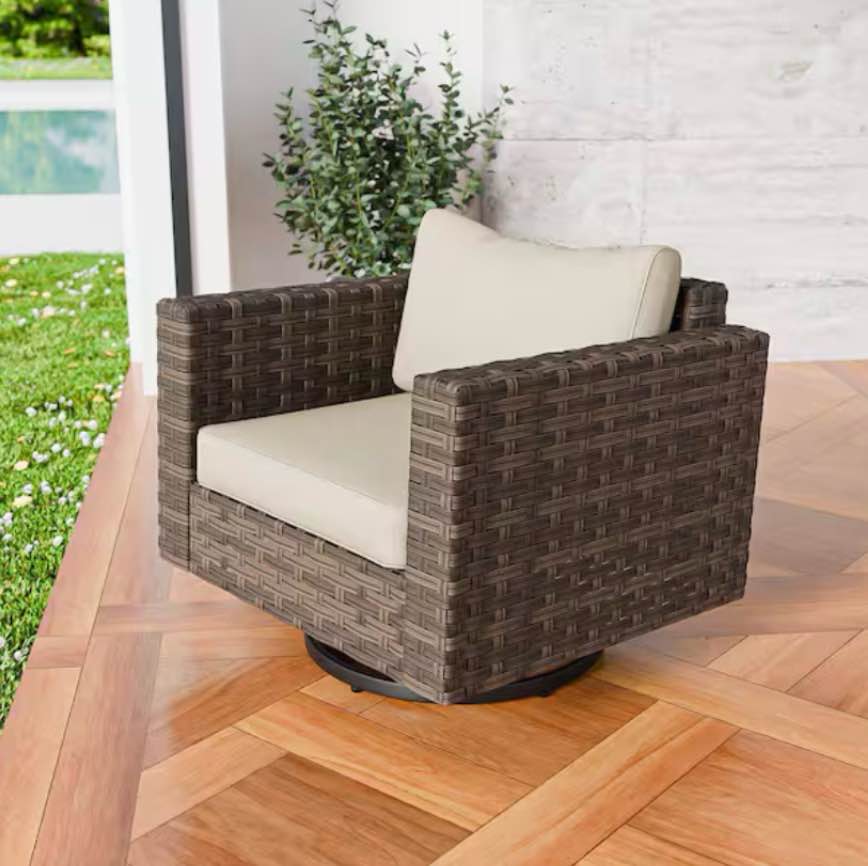patio brown swivel wicker outdoor rocking chair with beige cushion (1-pack)