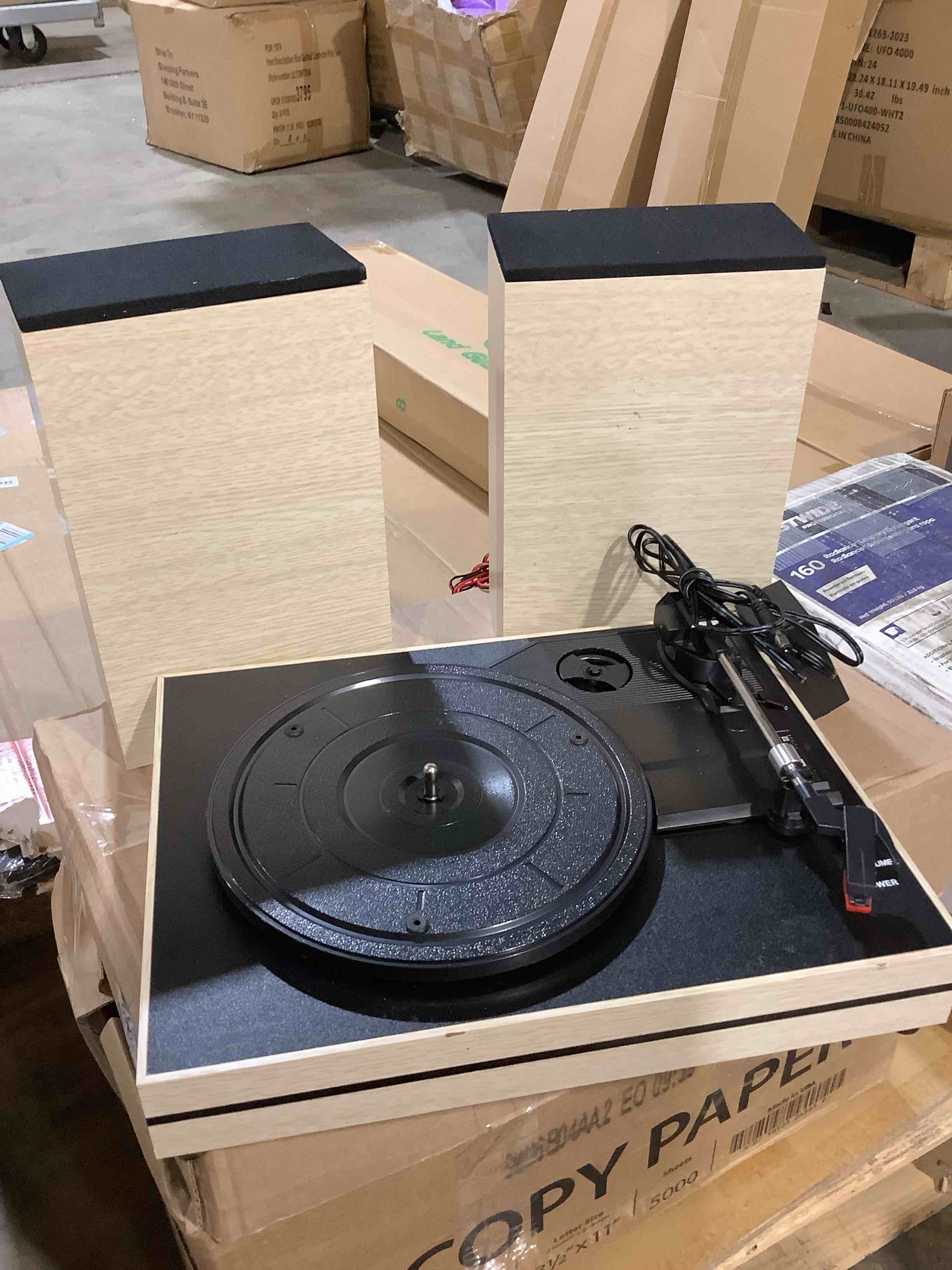 Condition photo showing Good Condition for record player for vinyls with two external speakers belt-drive turntables vinyls records dual stereo speakers lp players 3 speed 3 size wireless aux-in auto stop stylish new sleek wood lvory white