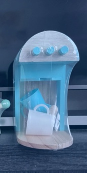 wooden teal coffee maker with accessories