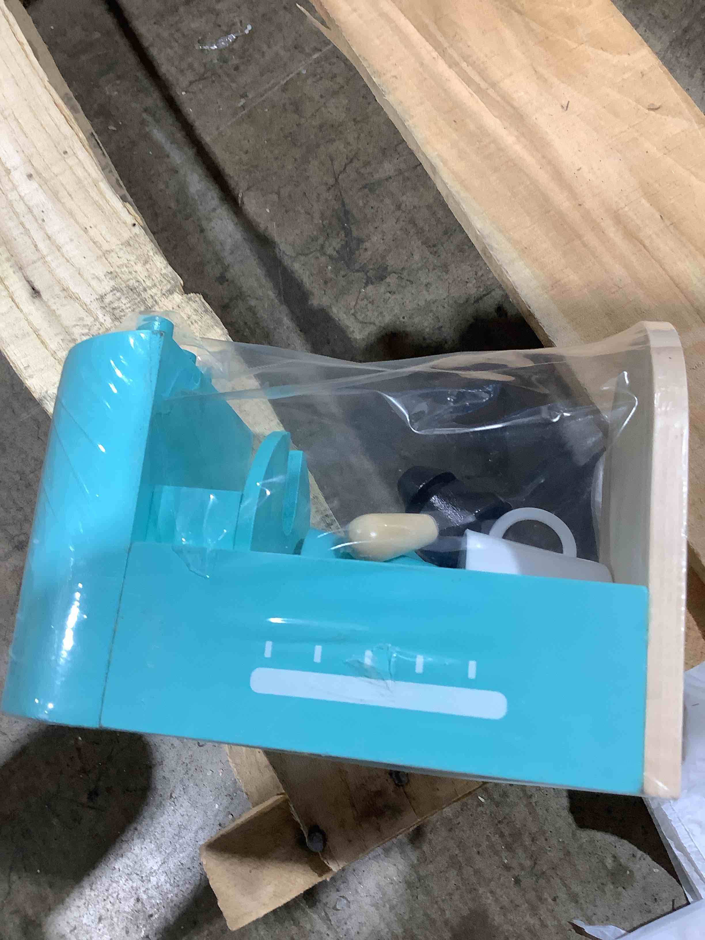 Condition photo showing New/Like New for wooden teal coffee maker with accessories