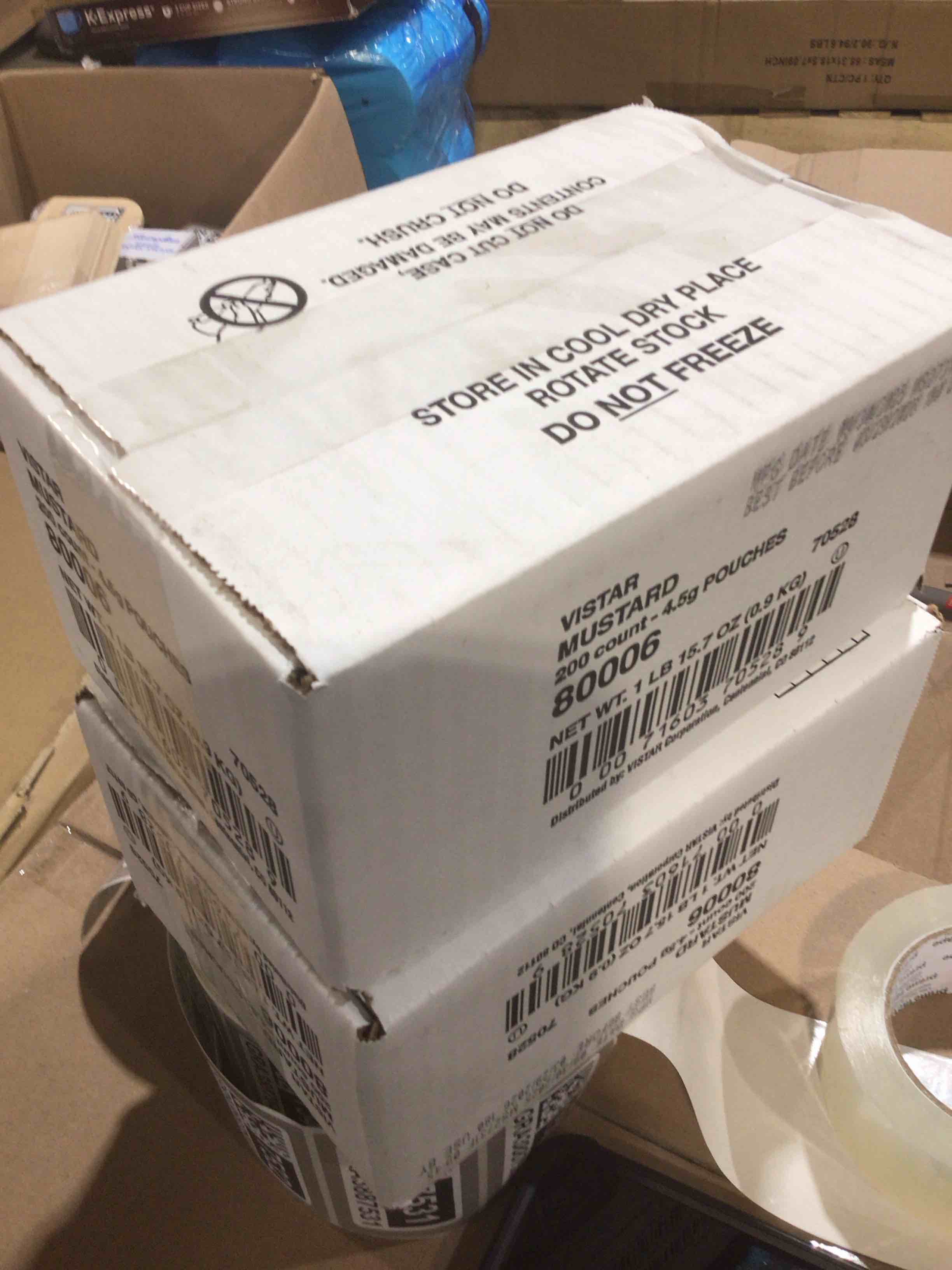 Condition photo showing Good Condition for condiment packets mustard 0.16 oz packet 200/carton, 2 box count