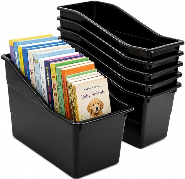 storex large plastic book bin kids paper storage black 7 in pack
