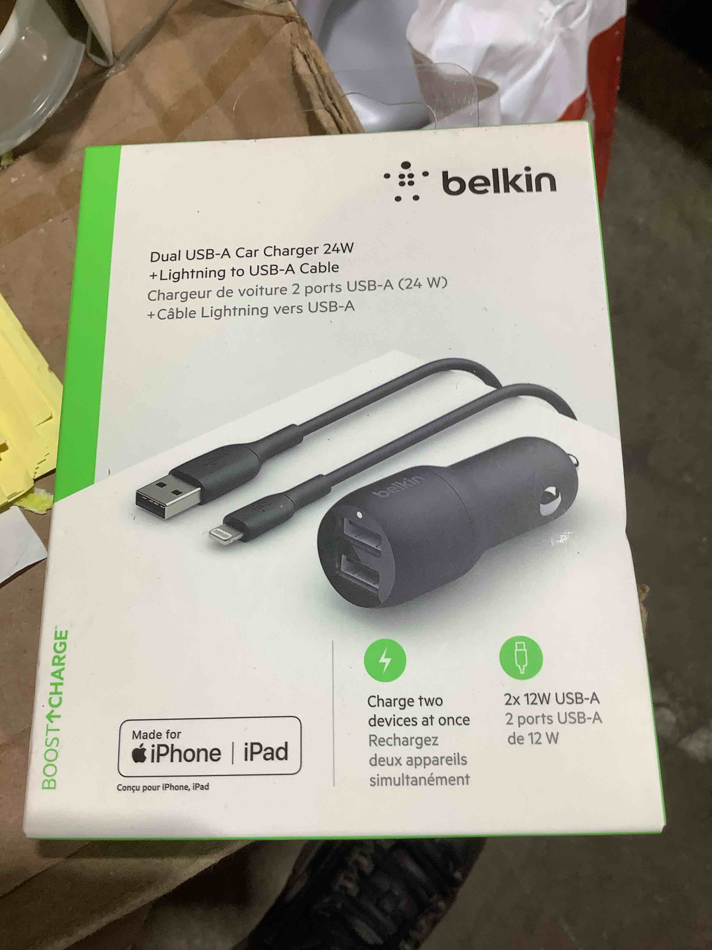 Condition photo showing New/Like New for belkin ccd001bt1mbk black boost charge dual usb-a car charger 24w + usb-a to lightning cable