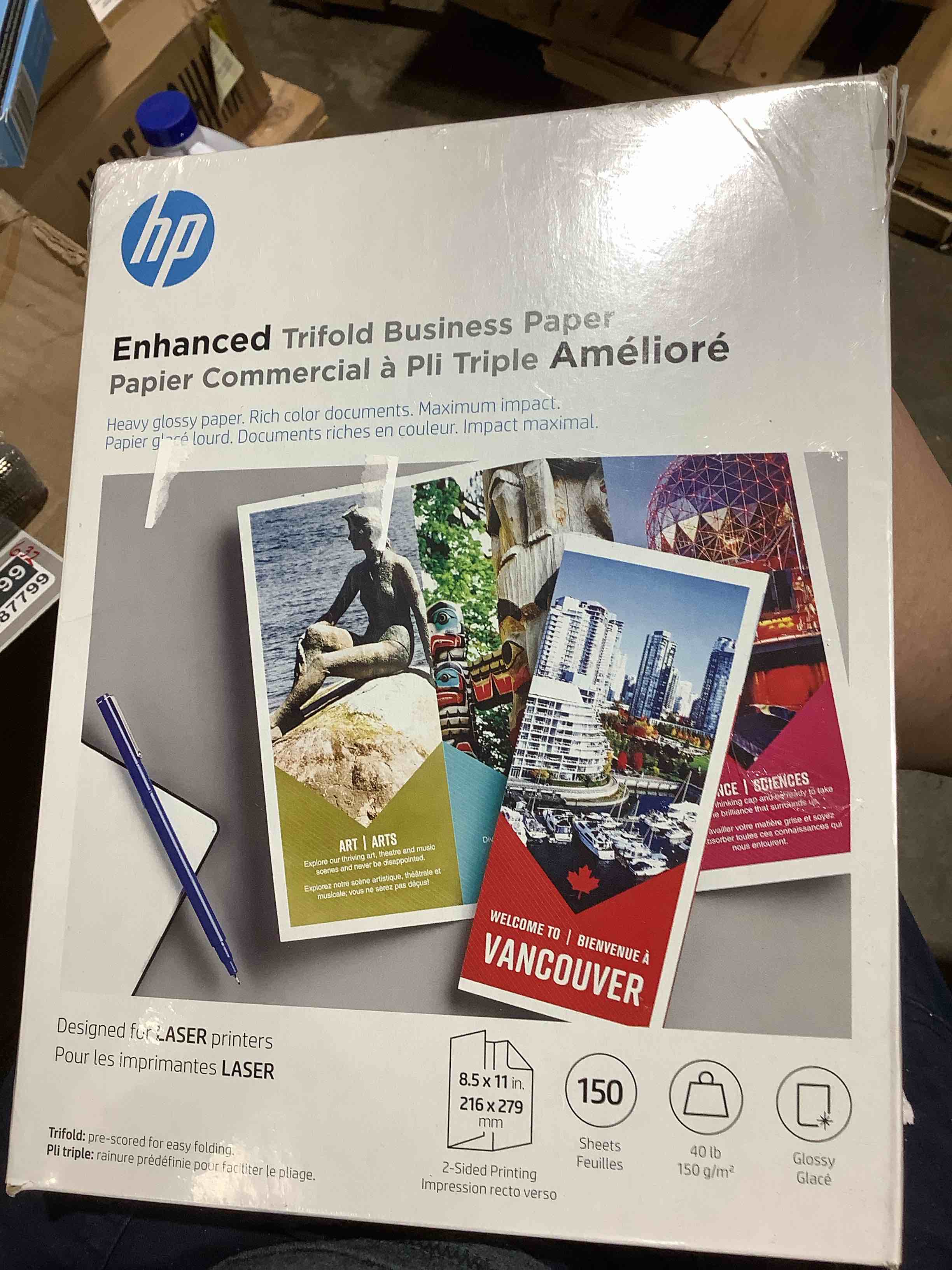 Condition photo showing New/Like New for hp enhanced tri-fold business paper, glossy, 8.5x11 in, 40 lb, 150 sheets, works with laser printers (q6612a)