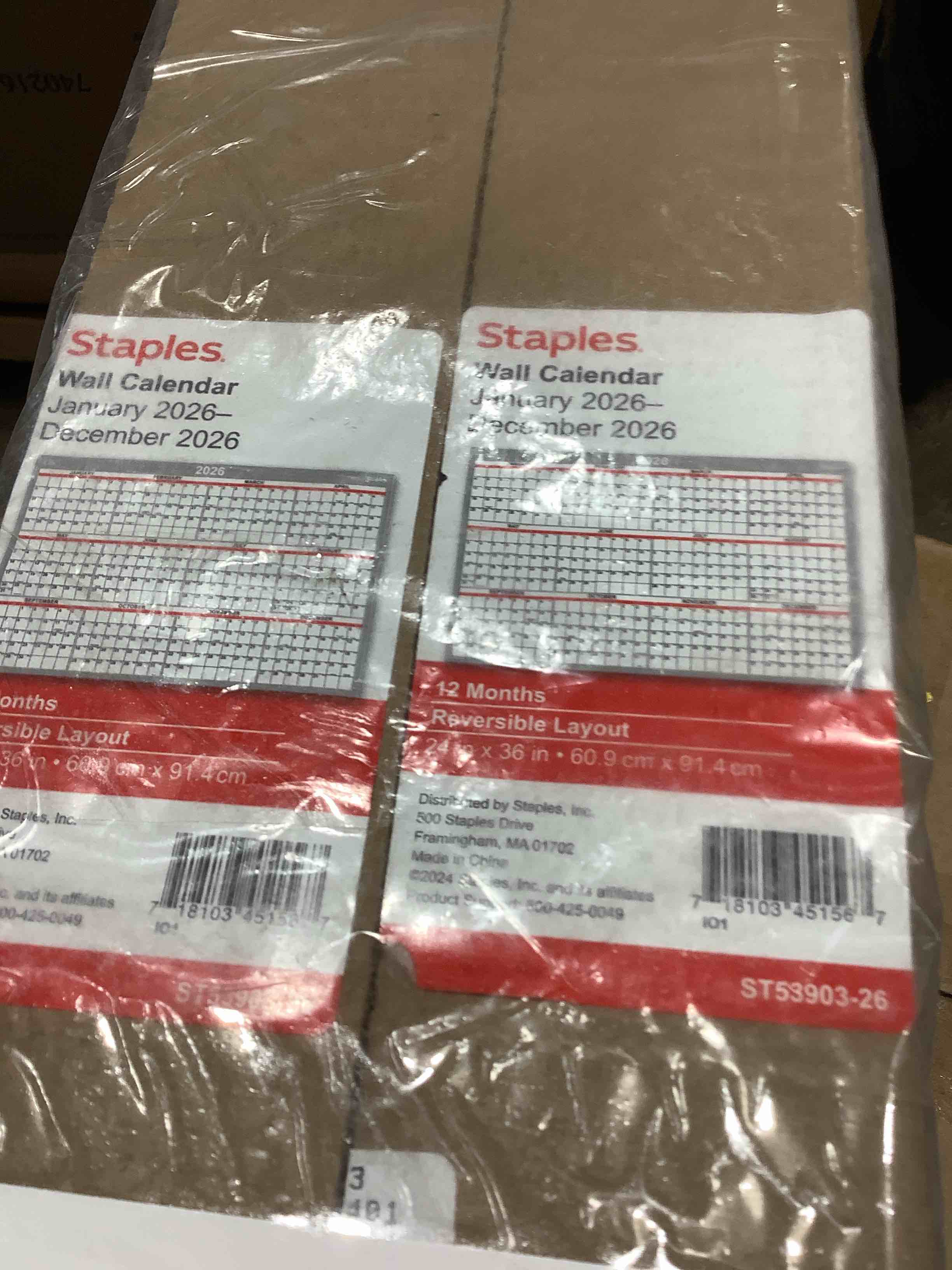 Condition photo showing New/Like New for 2026 staples 36 x 24 yearly wall calendar white/red/gray (st53903-26), 4 count