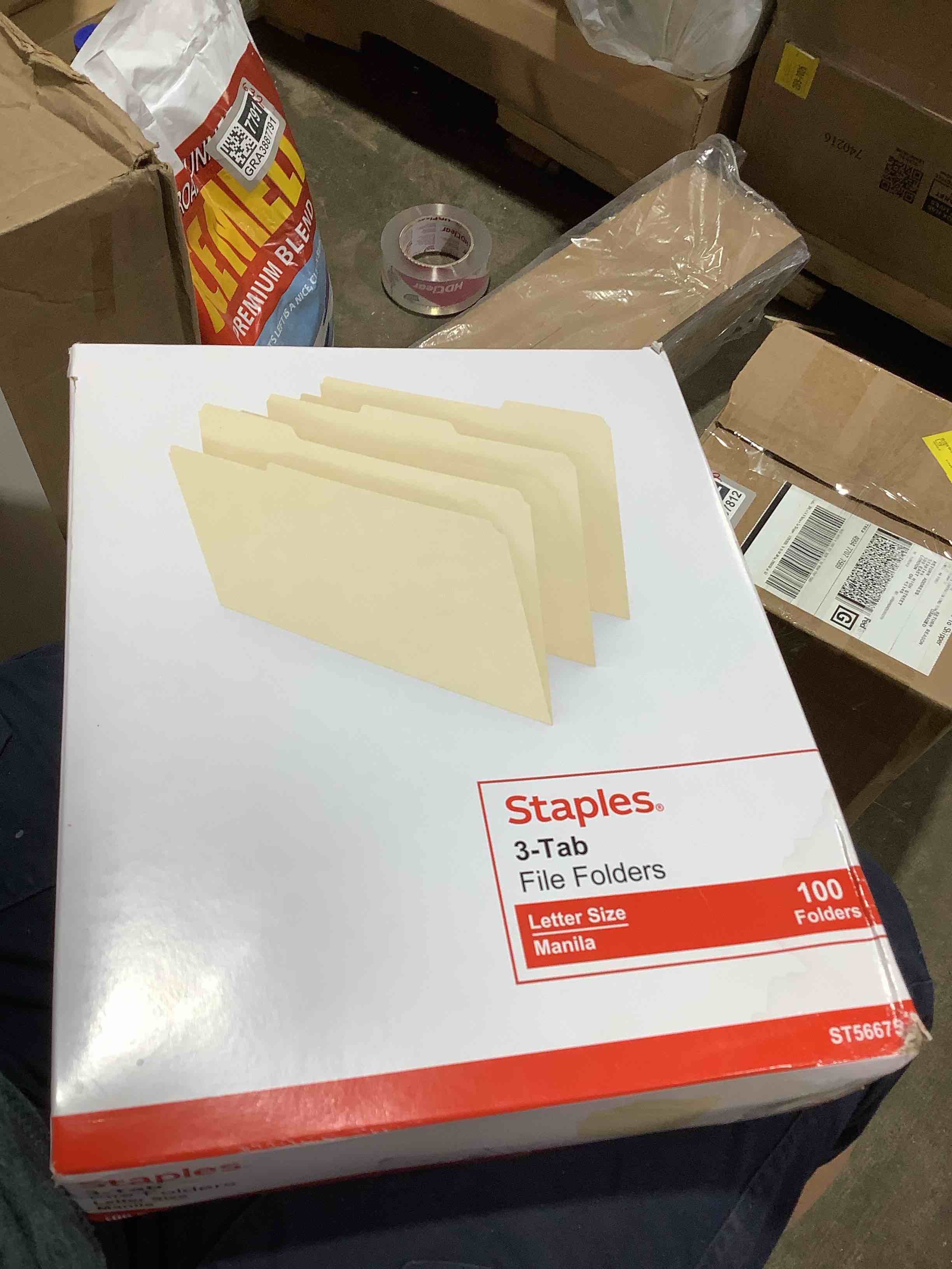 Condition photo showing New/Like New for staples 30% recycled file folders, 1/3-cut tab, letter size, manila, 100/box (st56675)