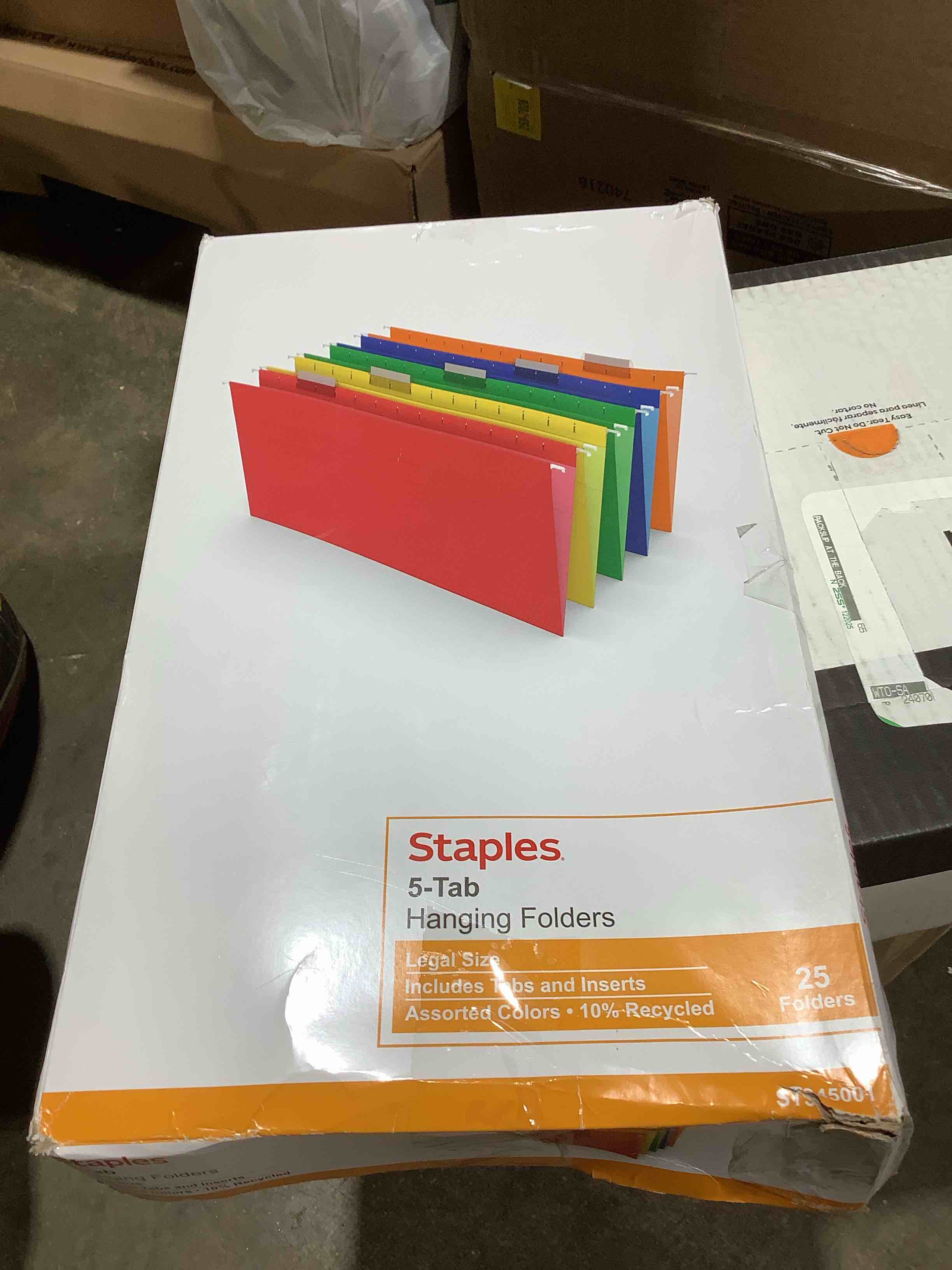 Condition photo showing New/Like New for staples heavy duty hanging file folders - legal size, 1/5-cut tabs, assorted colors, tear-resistant, 25/box