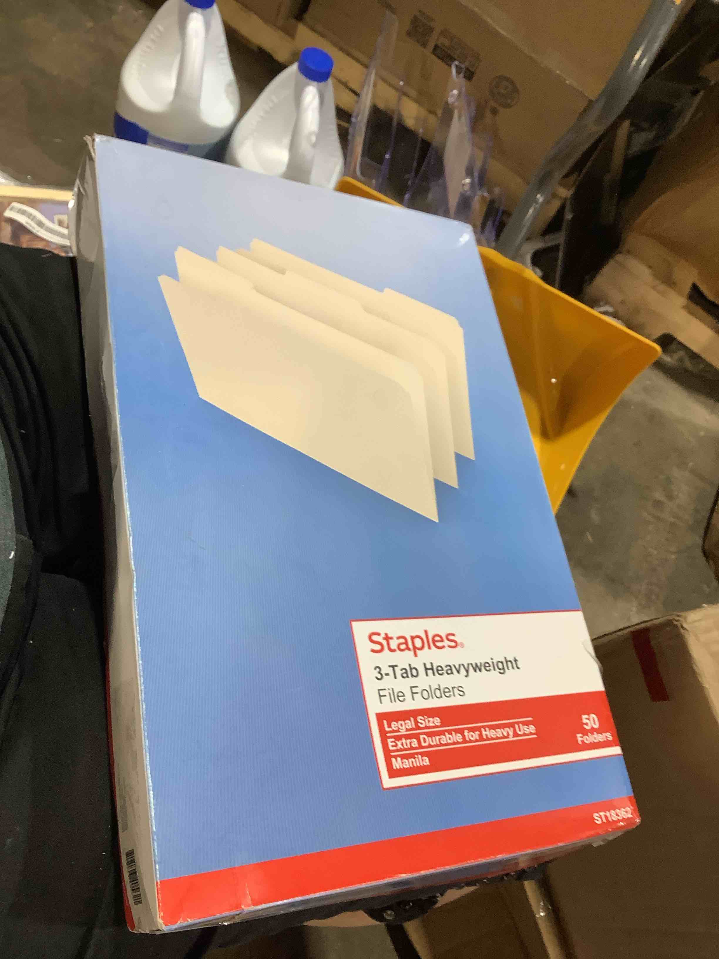Condition photo showing New/Like New for staples 3 tab heavy weight file folders, 50 count