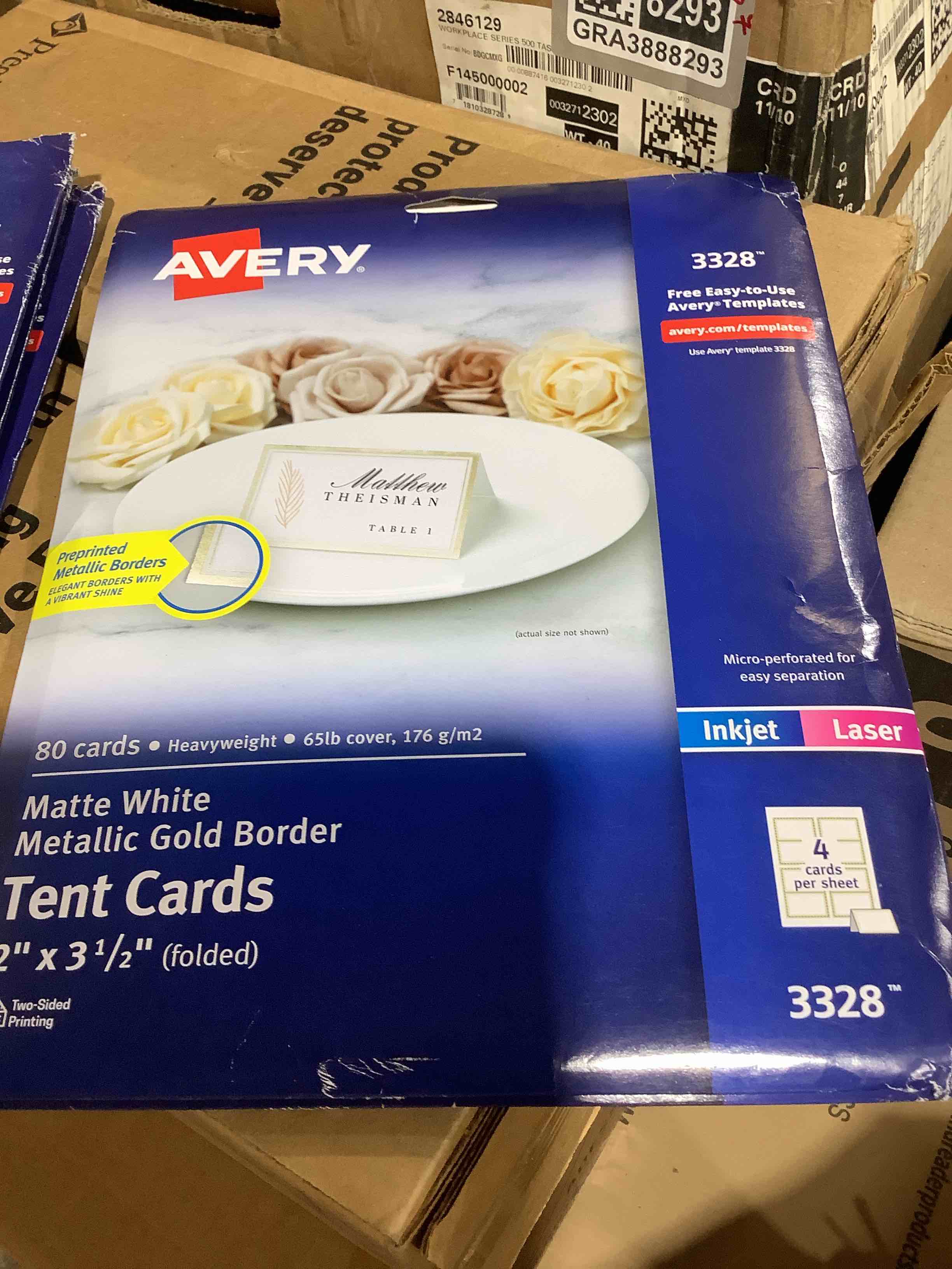 Condition photo showing New/Like New for avery tent cards with metallic gold borders  2  x 3.5   80 total  laser/inkjet printable place cards and tent cards (3328), 2 count