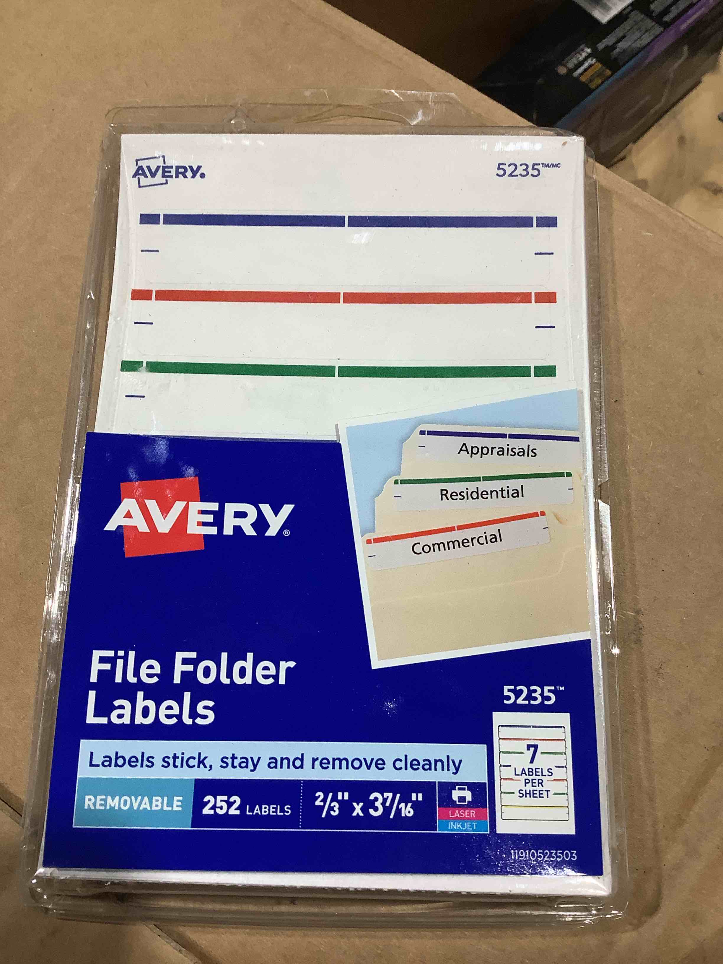 Condition photo showing New/Like New for avery file folder labels  removable adhesive  assorted colors  1/3 cut  252 labels (5235)