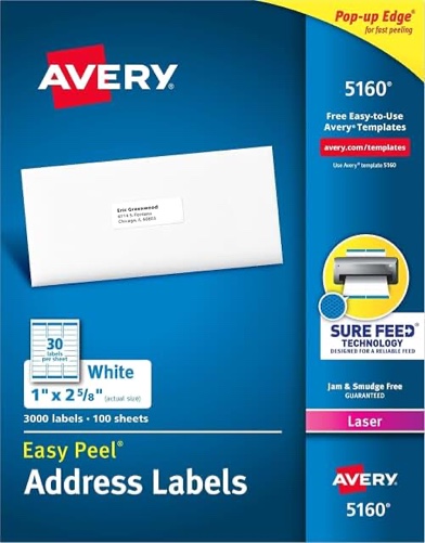 avery easy peel printable address labels with sure feed, 1" x 2-5/8", white, 7,500 blank mailing labels (05960)