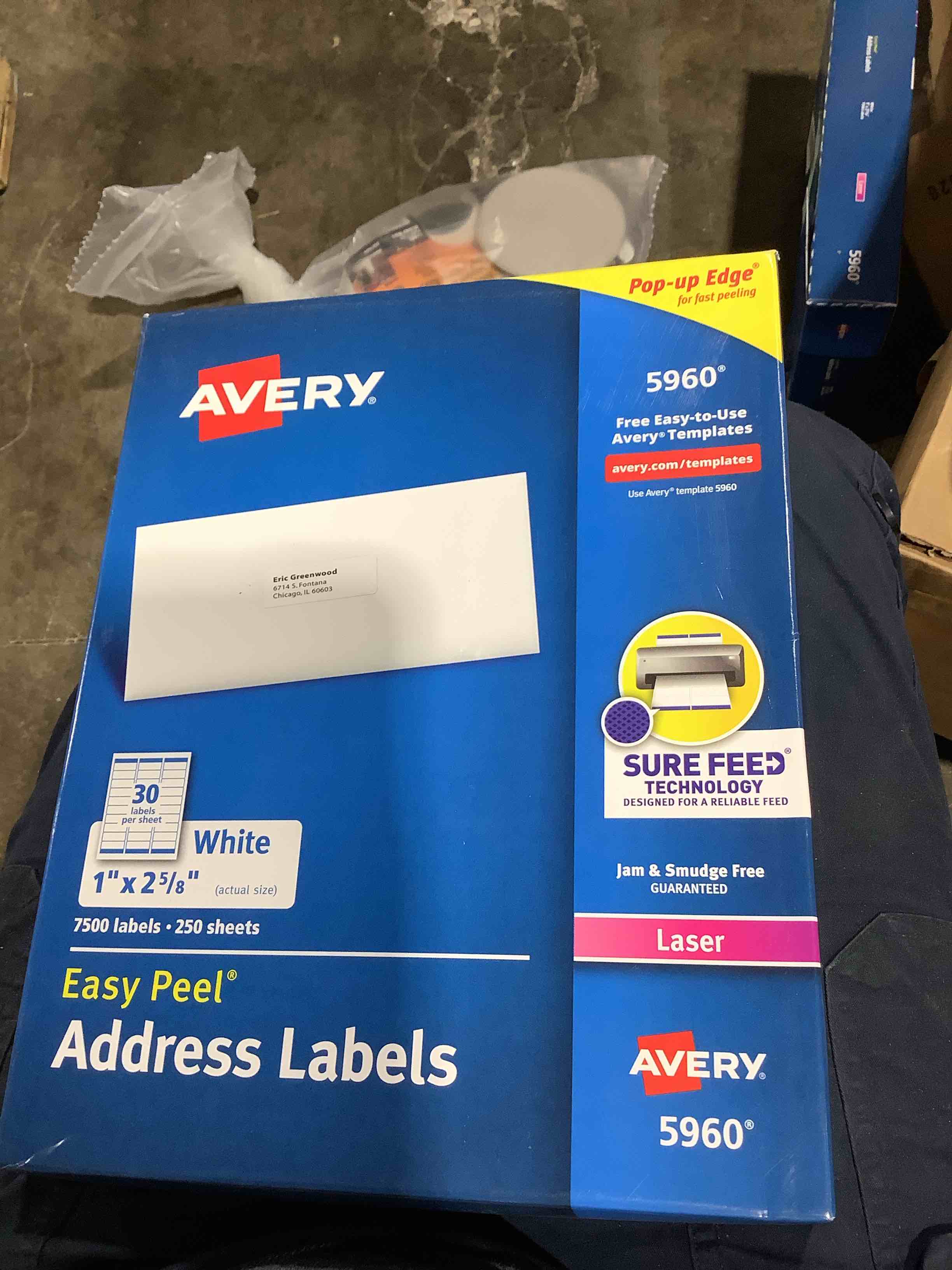 Condition photo showing New/Like New for avery easy peel printable address labels with sure feed, 1" x 2-5/8", white, 7,500 blank mailing labels (05960)