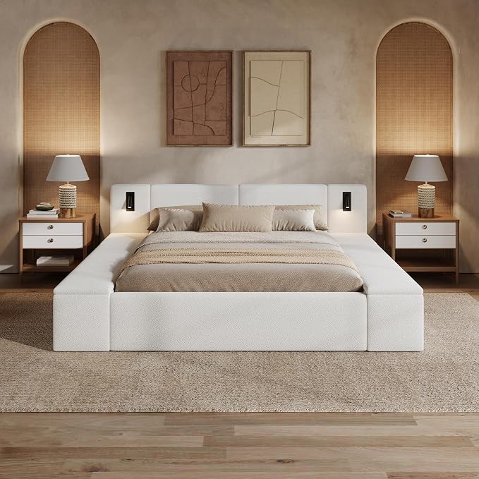 Hidden Storage Platform Bed with Built in Nightstands and LED Lights, Teddy Fleece Bouclé Upholstered Frame, Wood Slats No Box Spring Needed N736P431417W