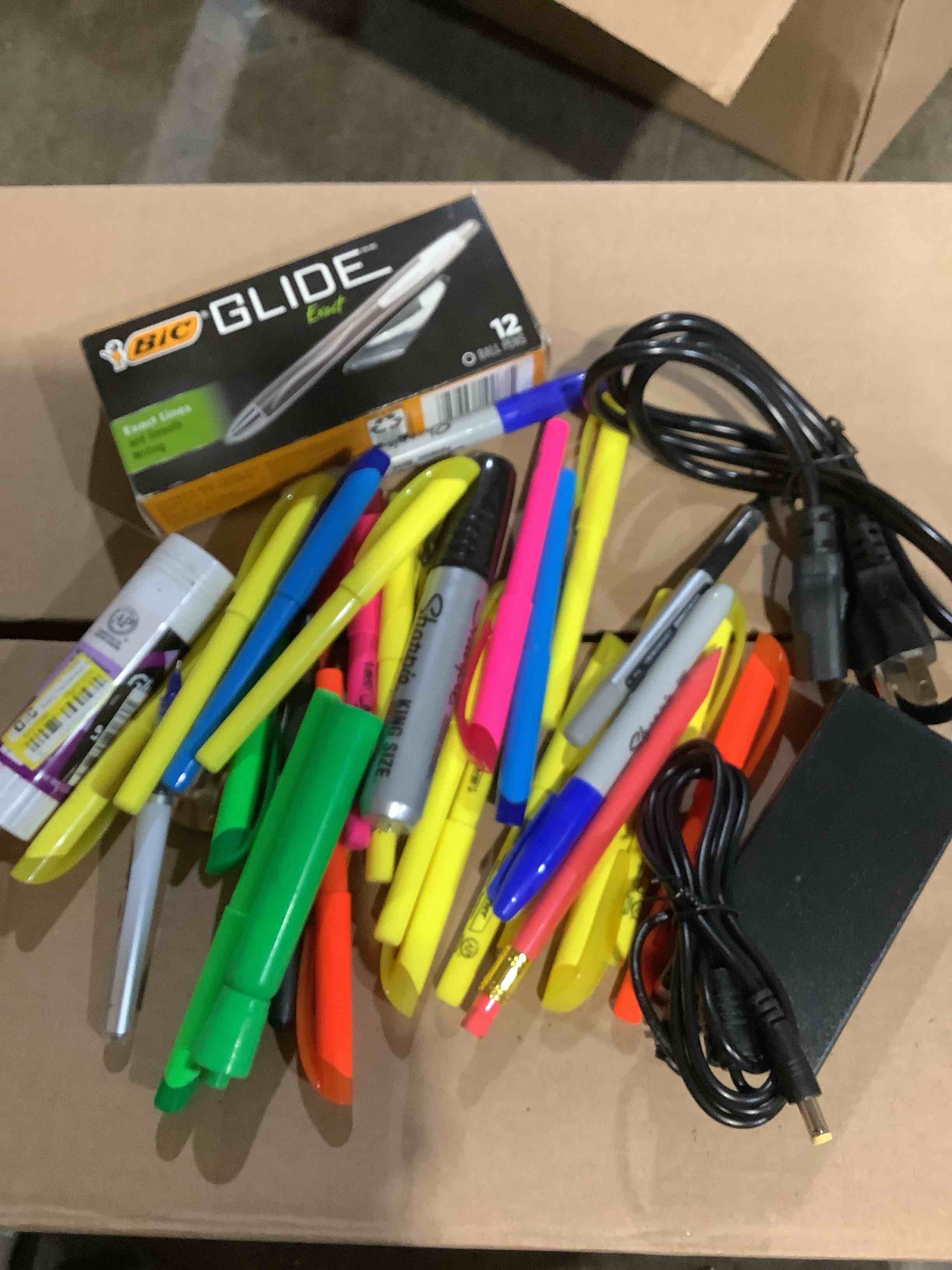 Assorted Office Supplies: pencils, Sharpies, highlighters, electric cord, glue and more