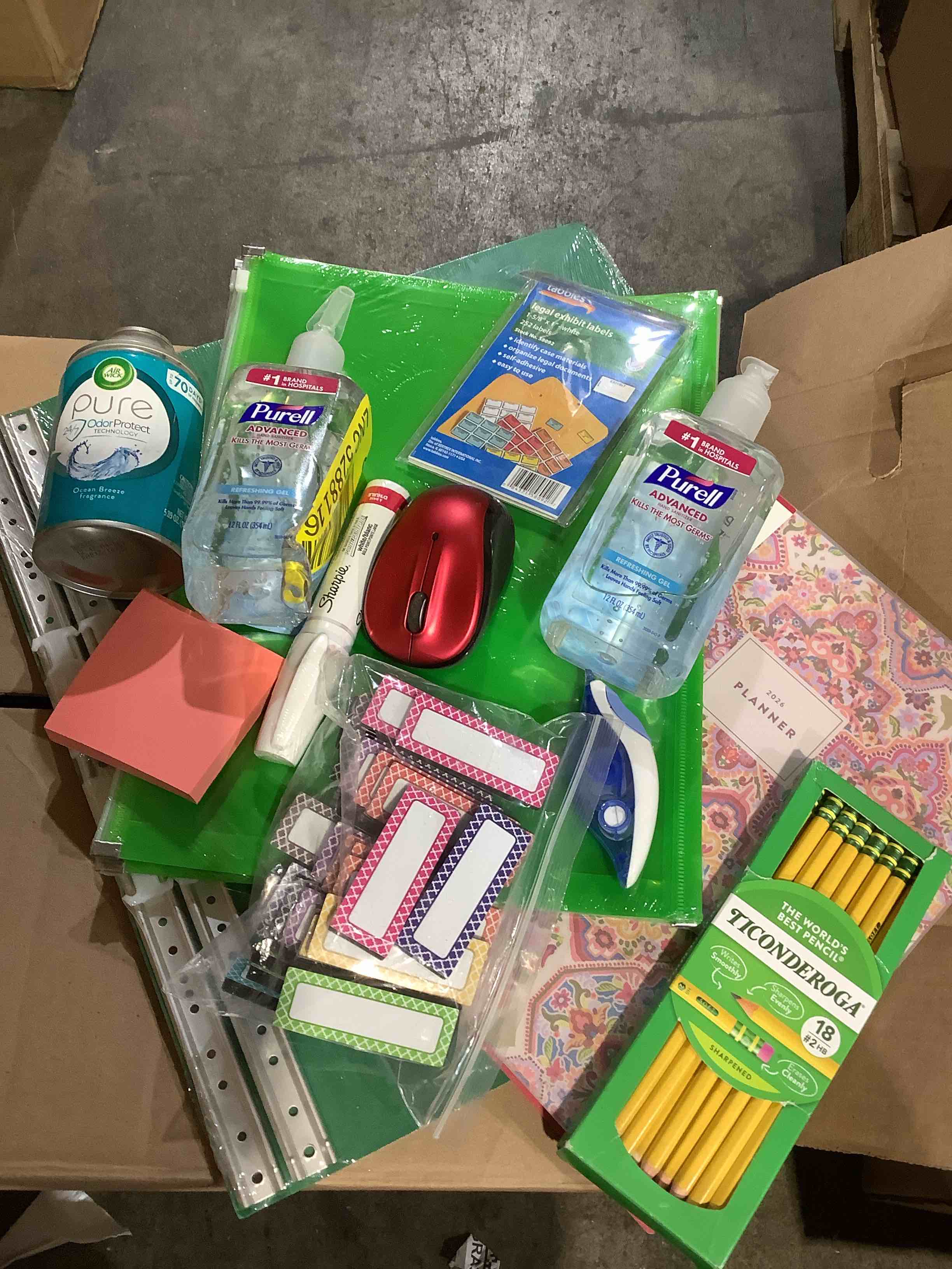 Assorted Office Supplies: pencils, Airwick, Perrell, sharpie, computer, mouth, labels, and more