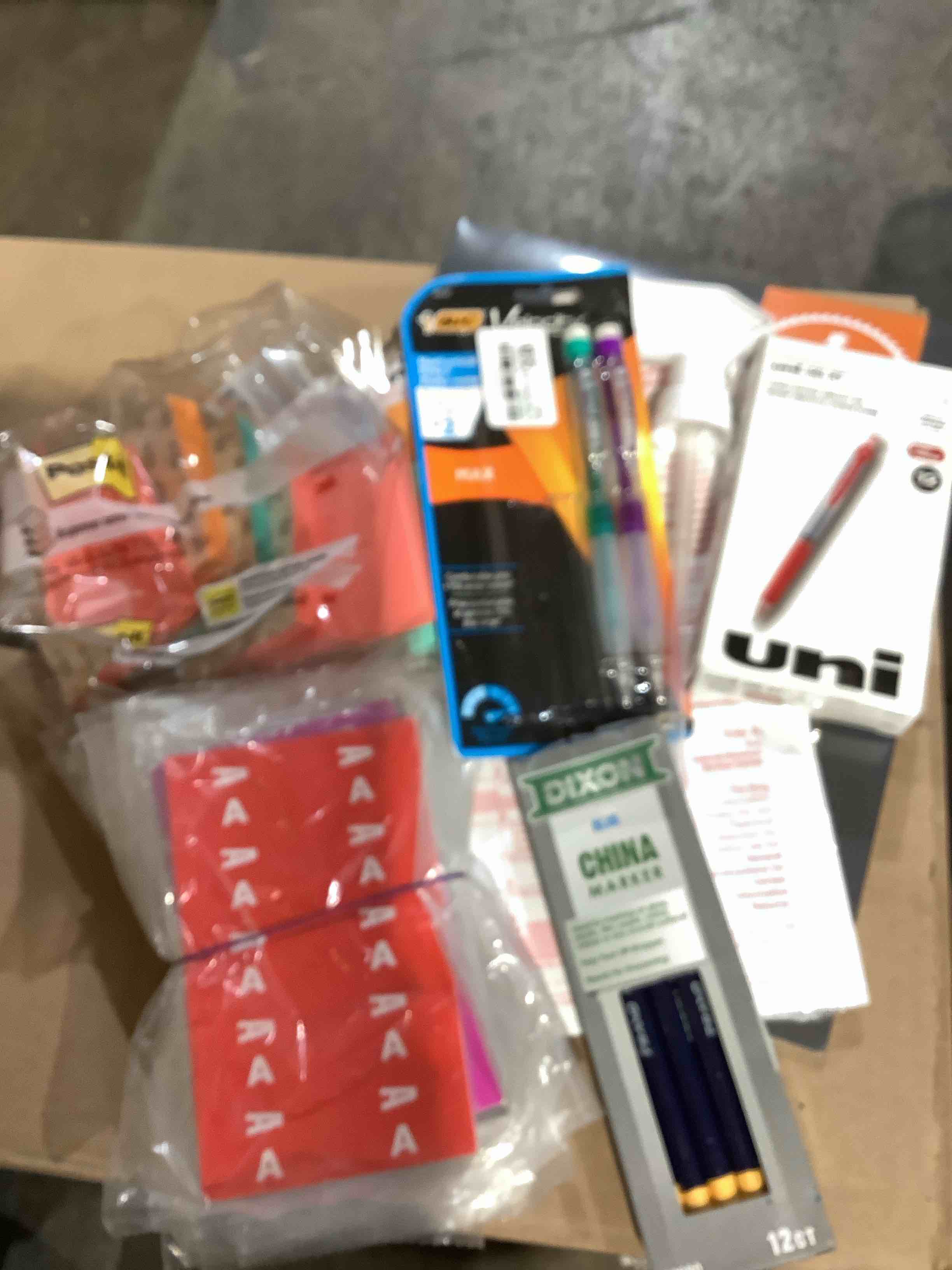 Assorted Office Supplies: BIC pens, post it notes, china markers and more