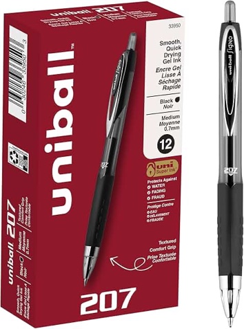 Uniball 207 Retractable Gel Pens  Medium Point (0.7mm)  Black Ink  12 Count