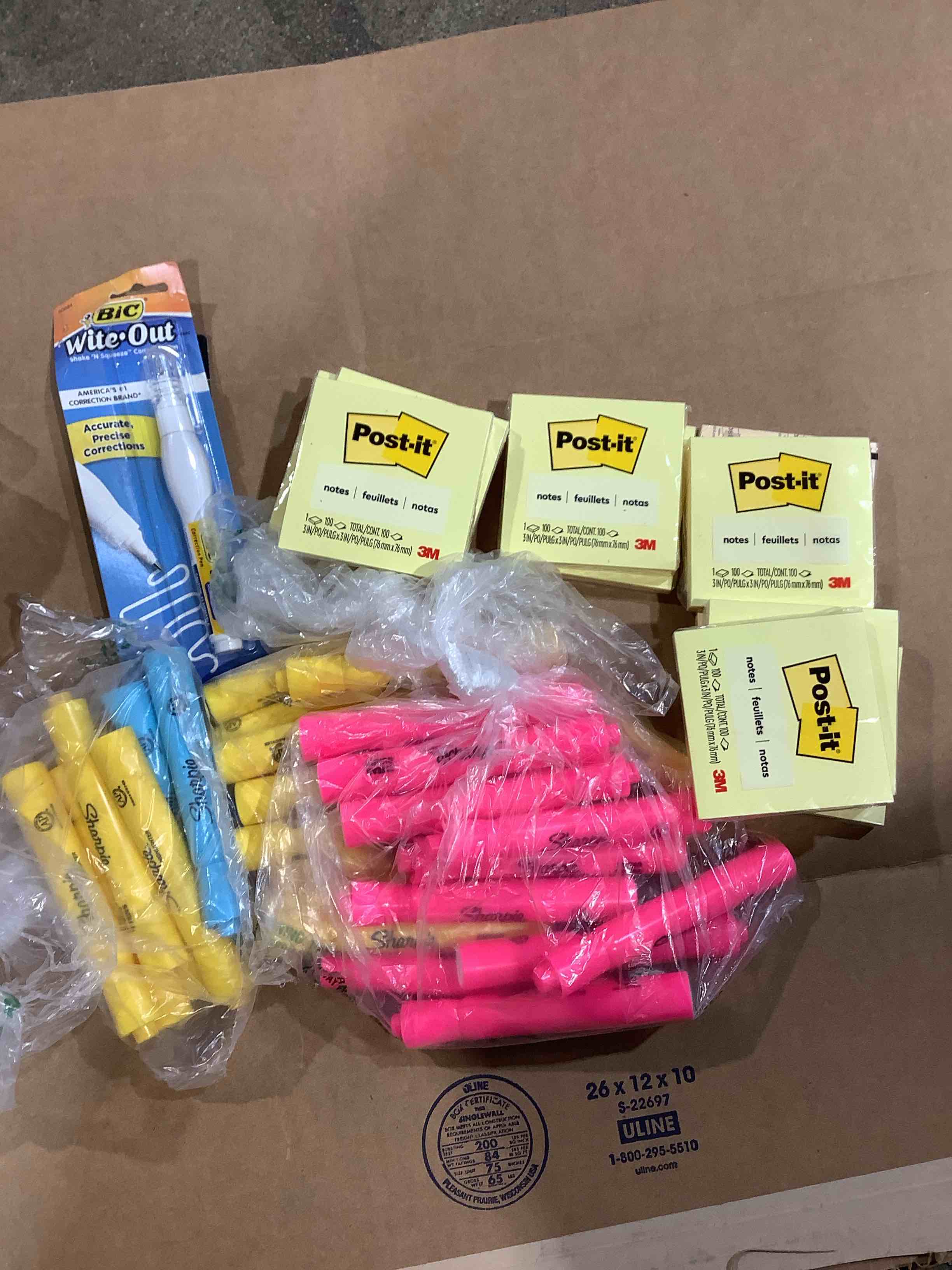 Assorted Office Supplies: Sharpie Highlights, witeout, ink refills, post it notes