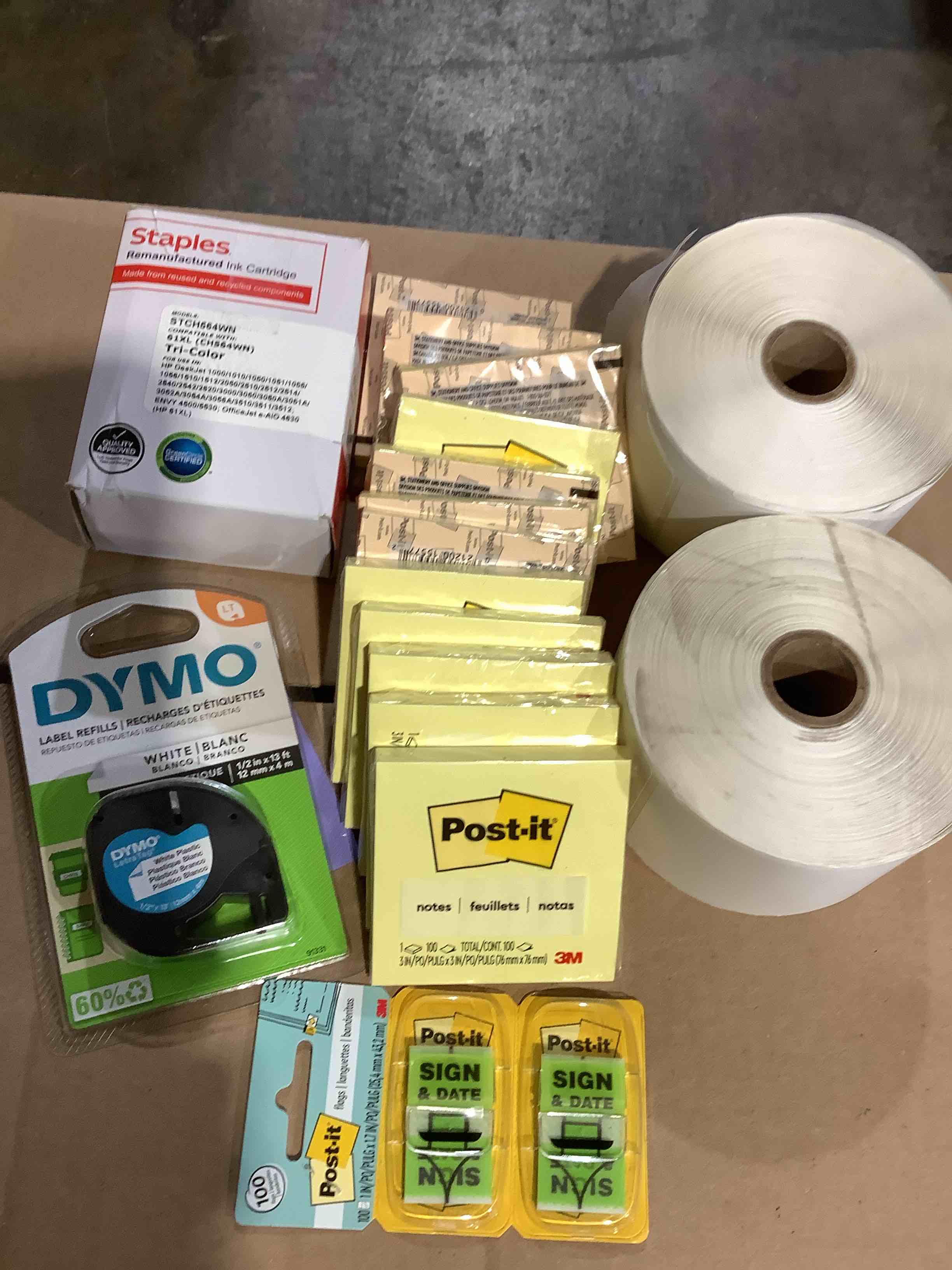 Assorted Office Supplies: Post it notes, Ink, Dymo, Shipping Labels
