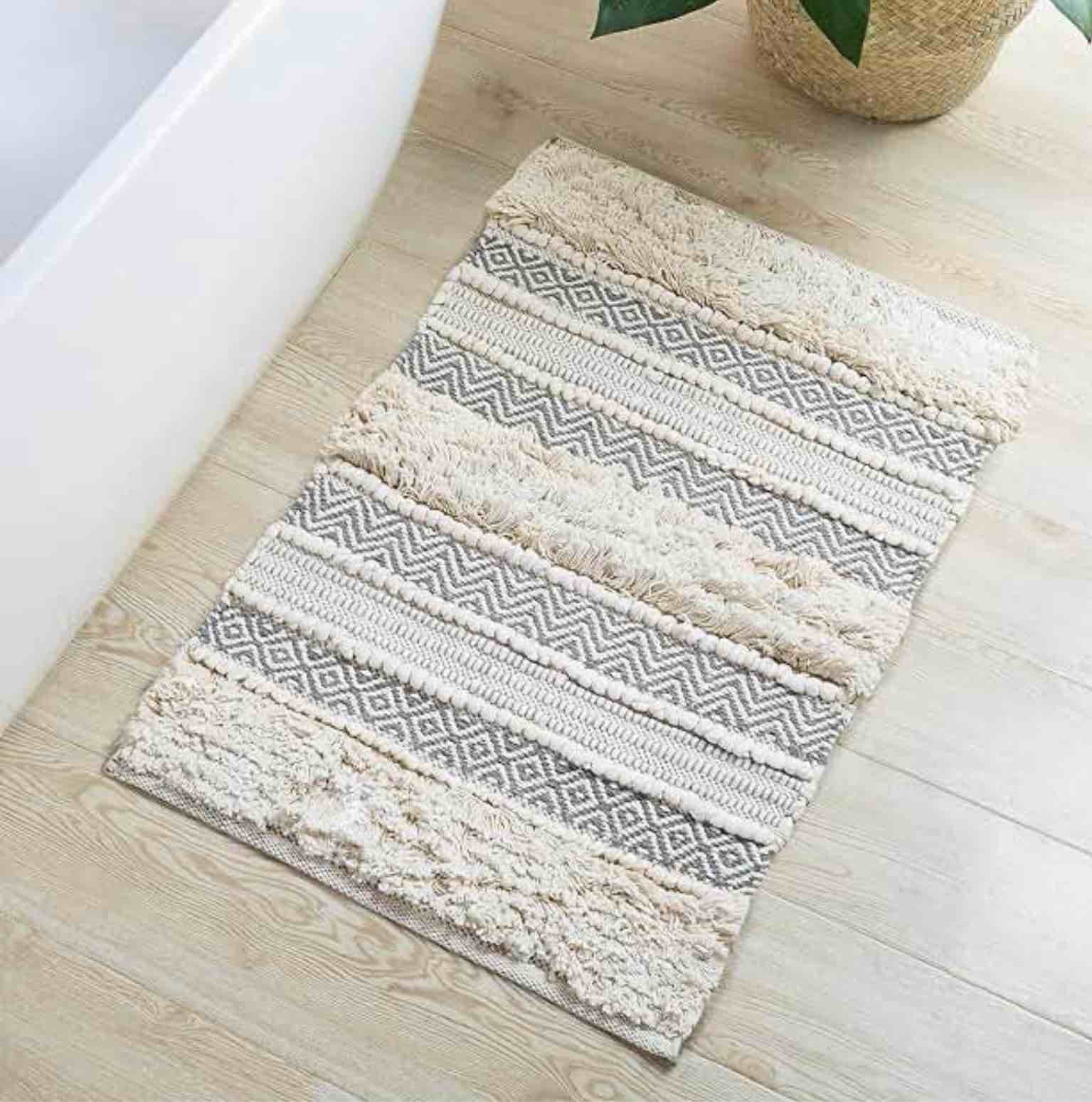 ink ivy bath, rug, hand, woven texture, shaggy striped, soft and water absorbent boho bathroom rug