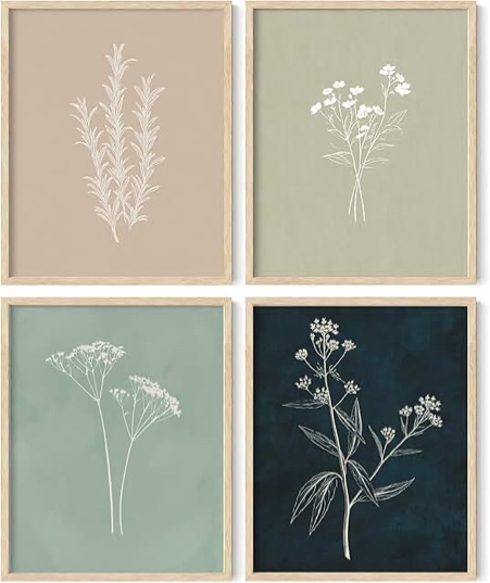 set of 4 sage green botanical wall art 20" x 16" boho print