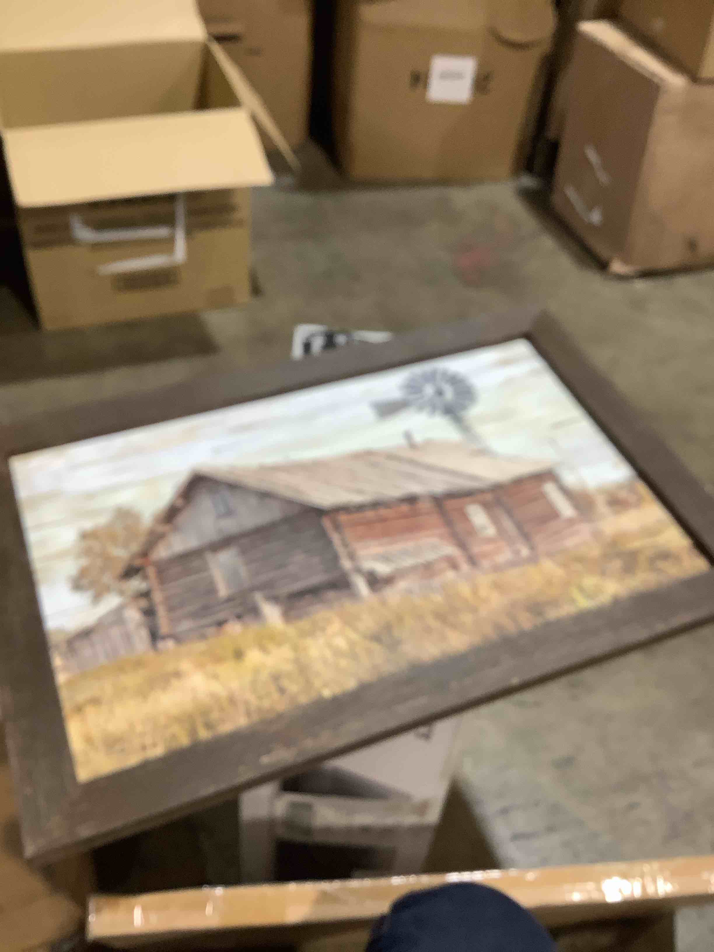 Condition photo showing New/Like New for color play barn farmhouse wall art framed: rustic country windmill wooden picture farm landscape painting decor vintage countryside house print artwork for bedroom living room kitchen, 24 x 16, brown