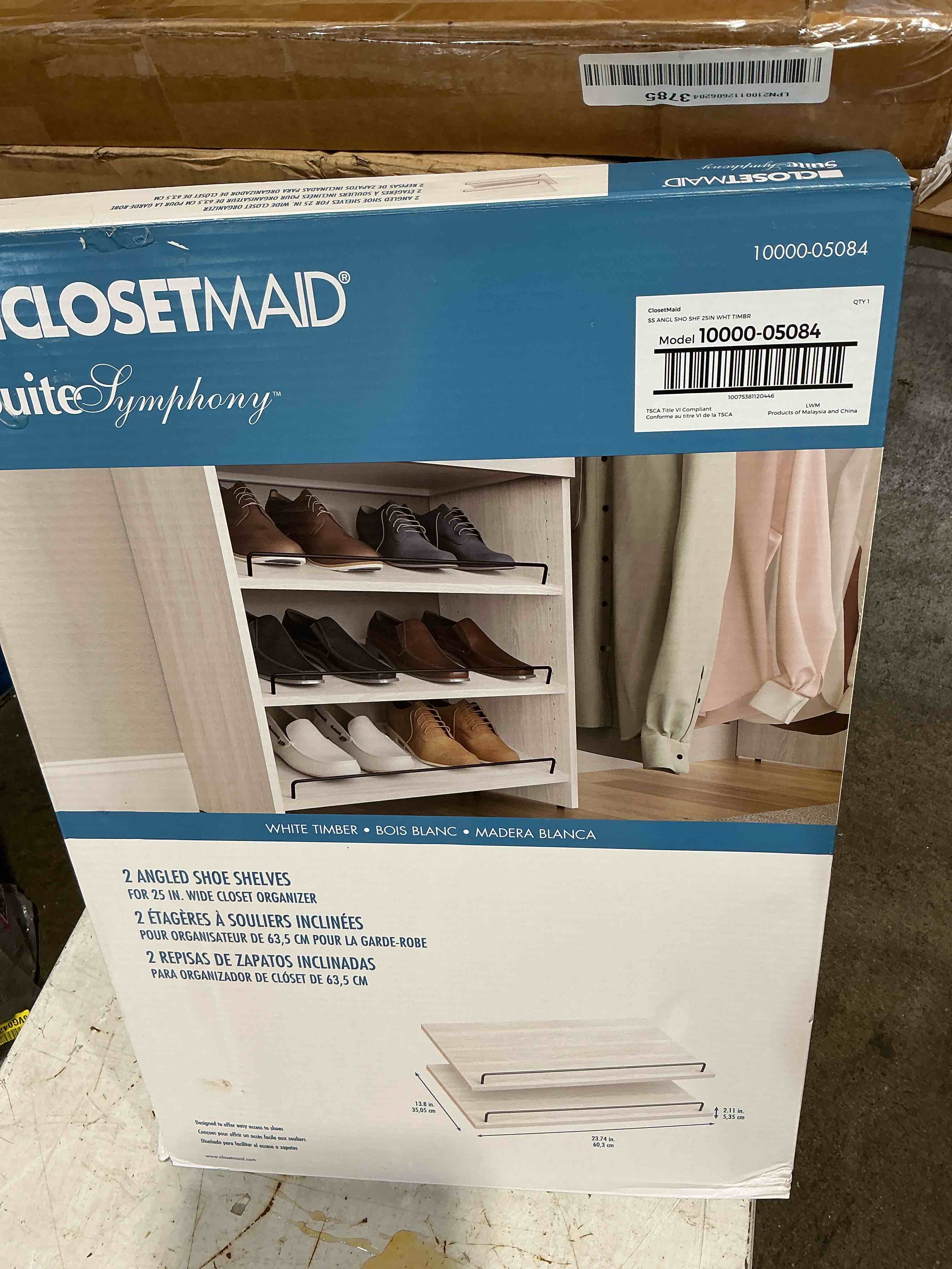Condition photo showing New/Like New for closetmaid suitesymphony closet add-on accessory, 25-inch wide wood angled shoe shelf, 2-pack, white timber