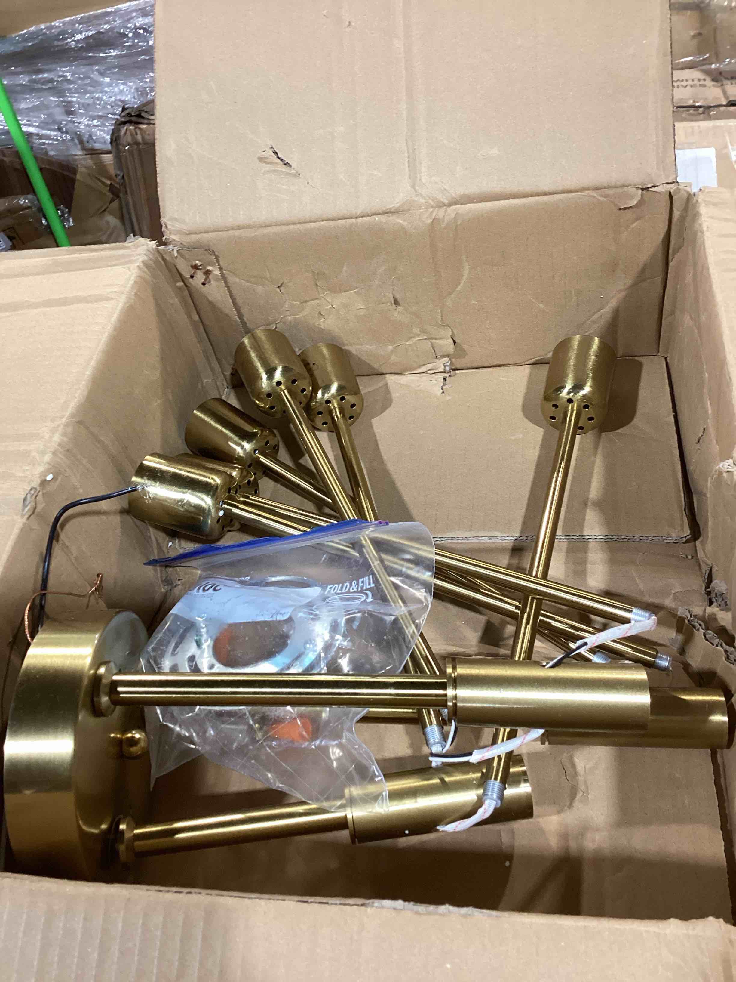 Condition photo showing As Is for bonlicht modern sputnik chandelier lighting 6 lights brushed brass chandelier mid century pendant lighting gold ceiling light fixture for hallway bar kitchen dining room