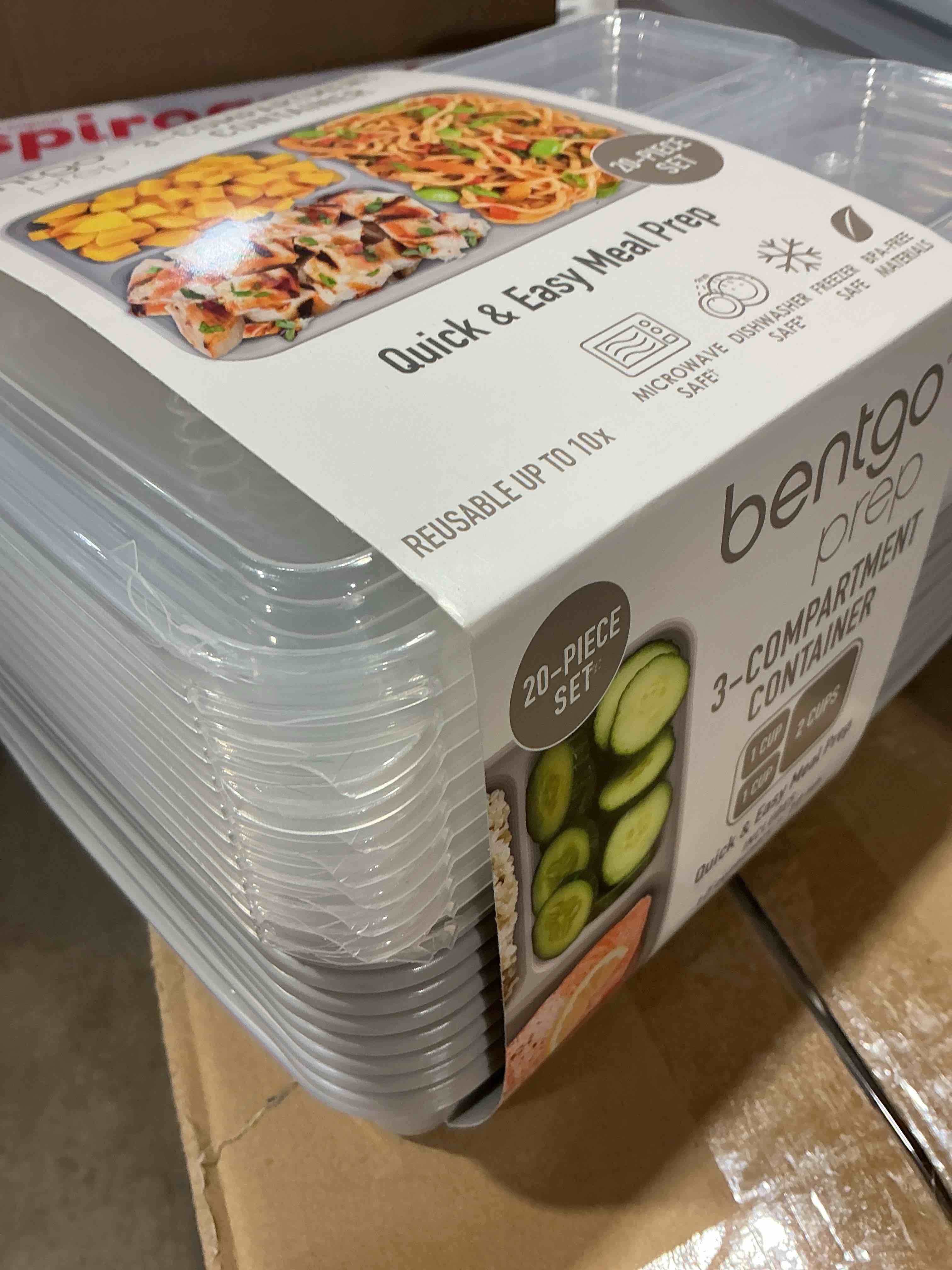 Condition photo showing As Is for bentgo prep - 20-piece 3-compartment reusable meal prep containers with lids, pfas & bpa free materials, durable, microwave, freezer, & dishwasher safe to go food storage (stone gray)