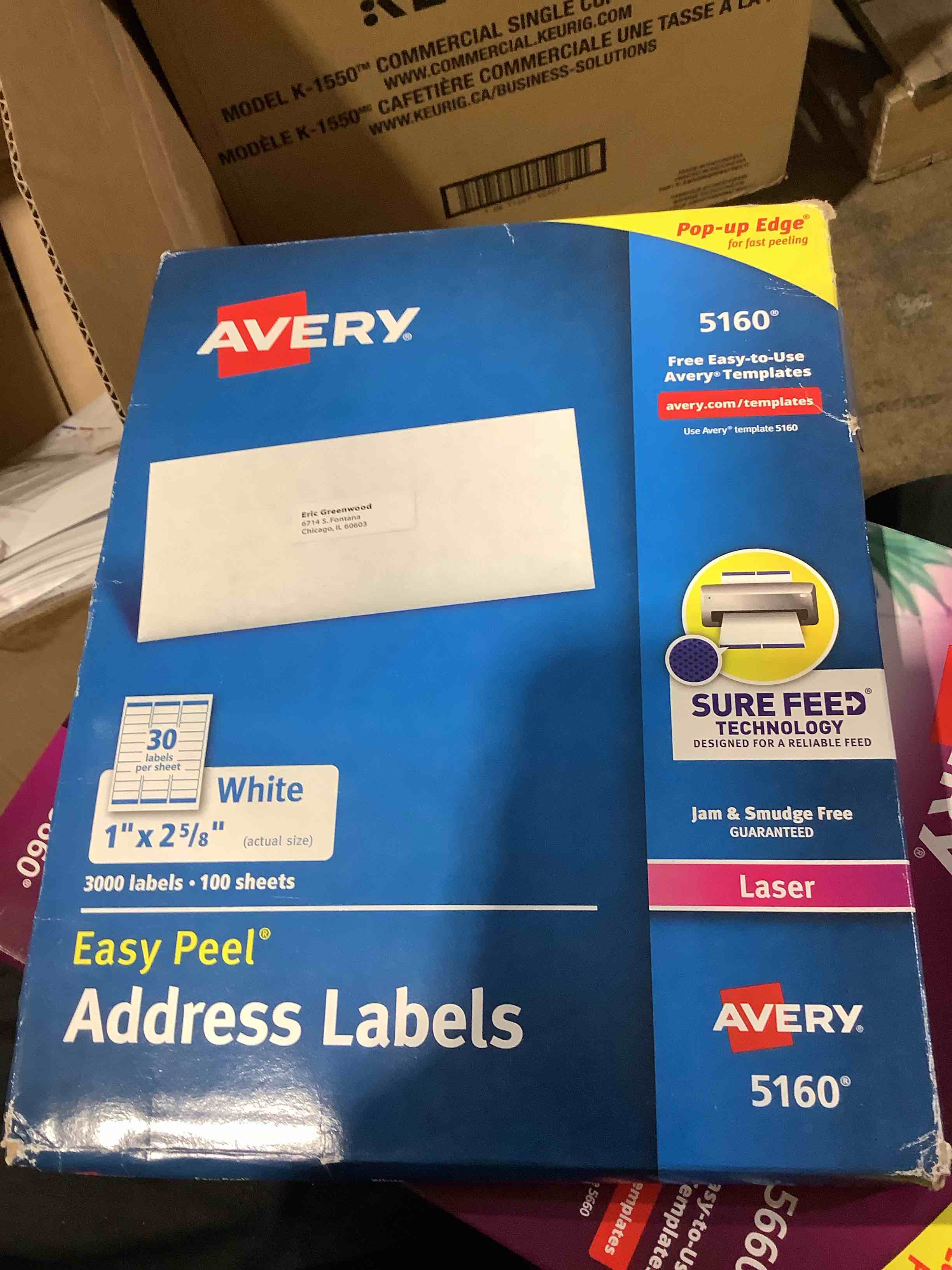 Condition photo showing Good Condition for avery easy peel address labels sure feed technology permanent adhesive 1 x 2-5/8 3 000 labels (5160)