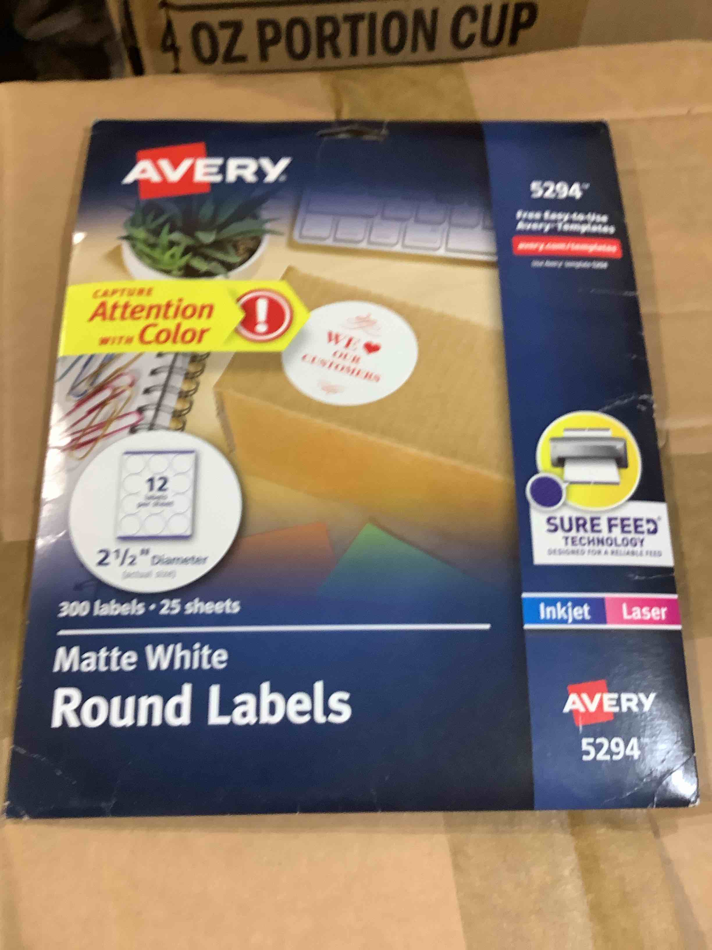 Condition photo showing New/Like New for avery round printable labels, 2.5" diameter, matte white, sure feed technology, laser & inkjet compatible, 300 blank labels total, great for branding, packages, school supplies, and more (5294)