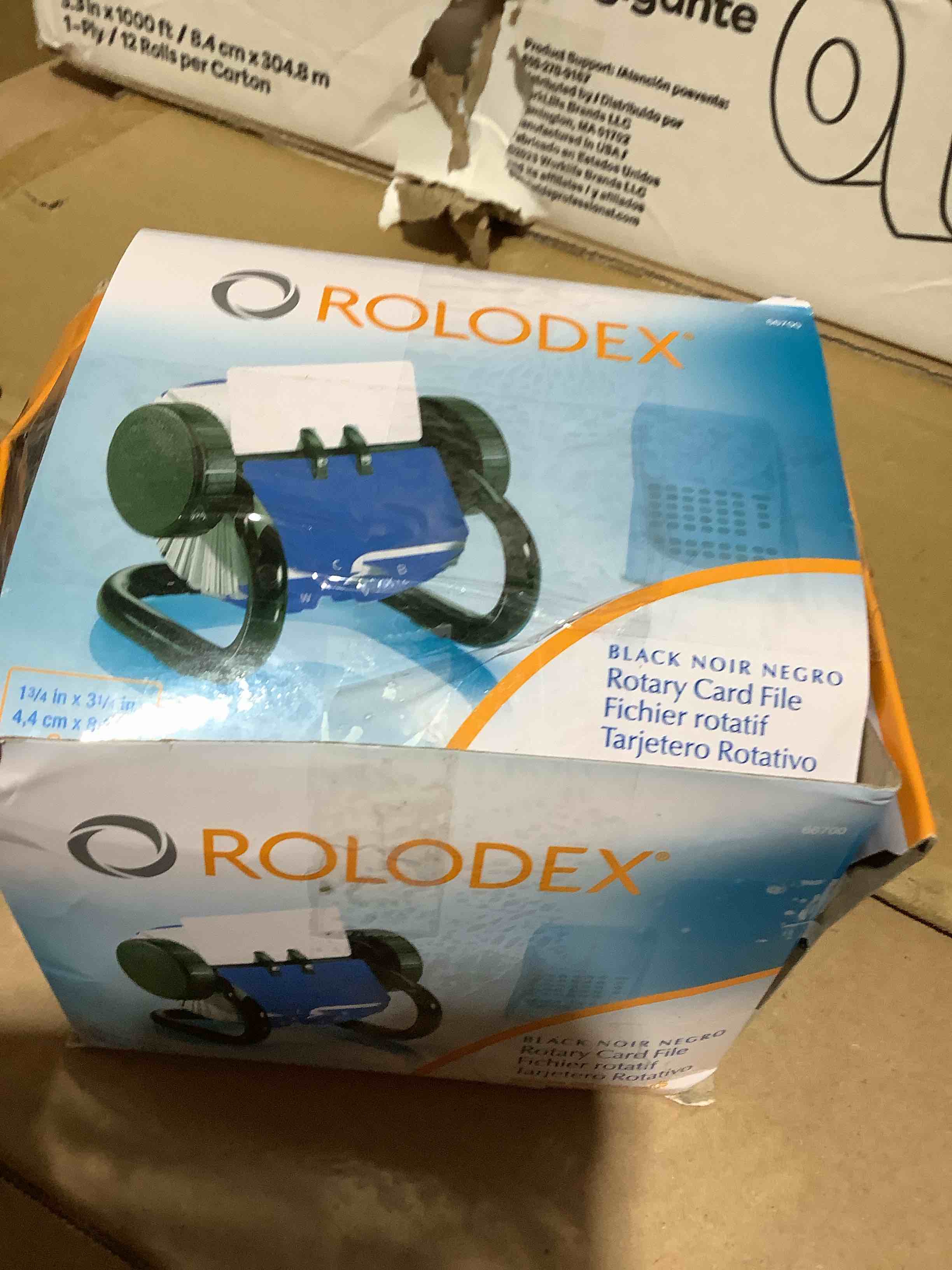 Condition photo showing New/Like New for rolodex mini rotary card file, 1-3/4" x 3-1/4" card size, 250 small cards, black - compact size, perfect for writing names and numbers
