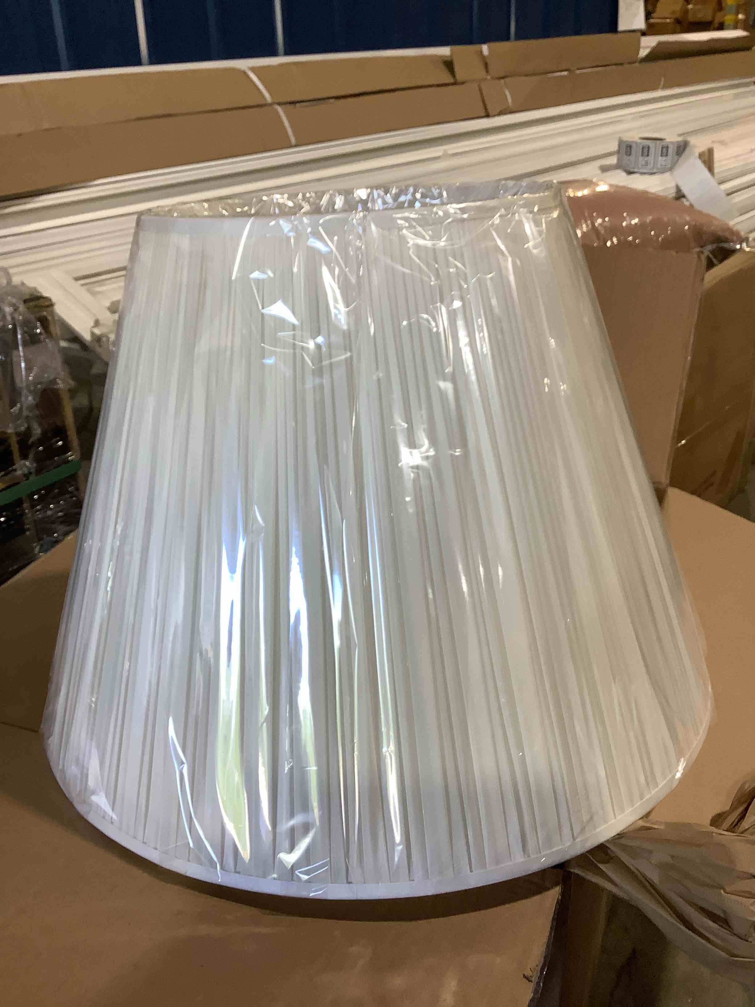 Condition photo showing New/Like New for white fabric pleated lamp shade, 16" tall x 21.5" bottom x 11.5" top