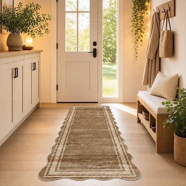 Garvey Machine Washable Scalloped Edge Brown Area Rug, 2'x6', PHK-33JPSVVH