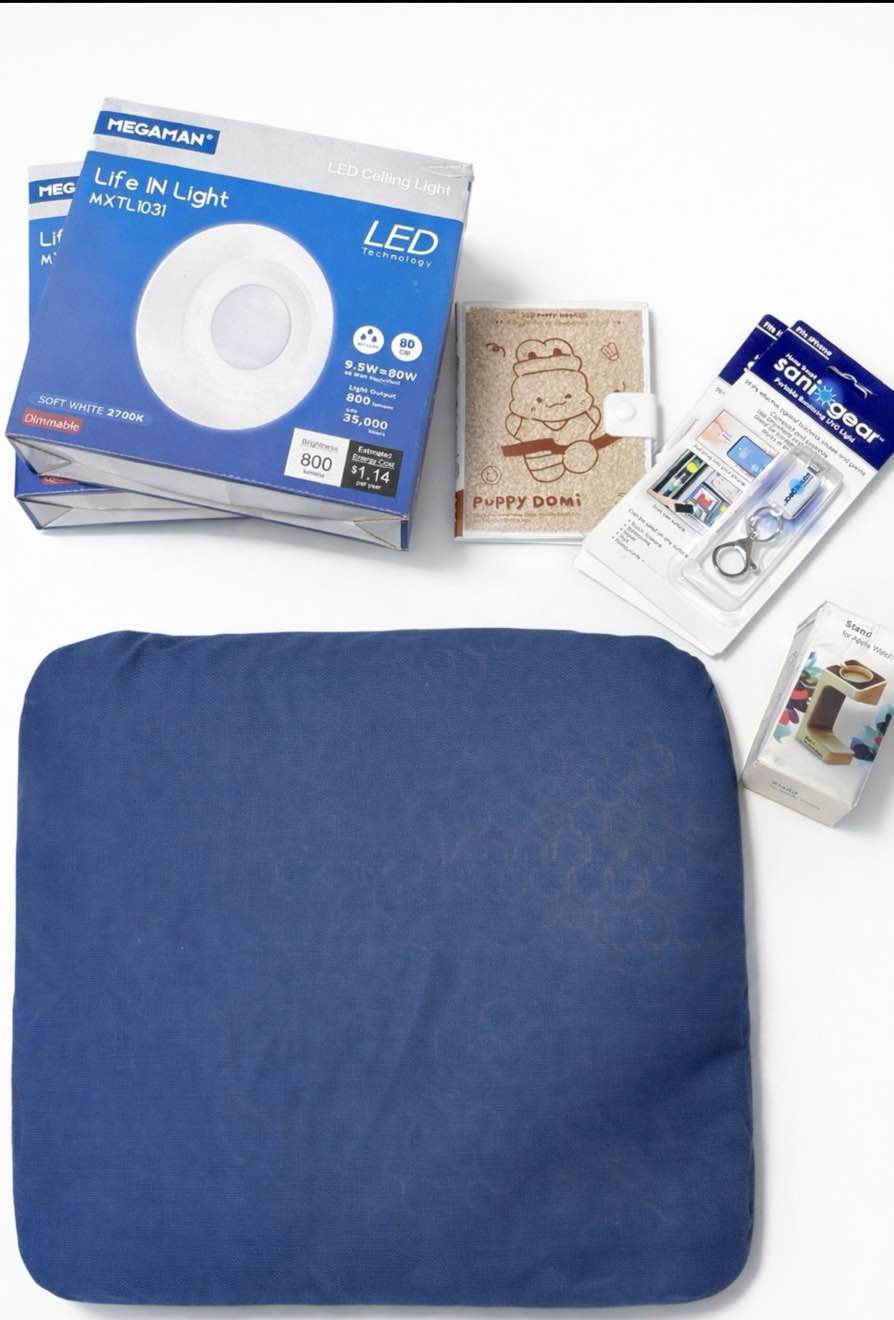 Assorted Products: Petsafe, Apple Watch Stand, Seat Cushion, Ceiling Lights, Sanitizing Light and more  