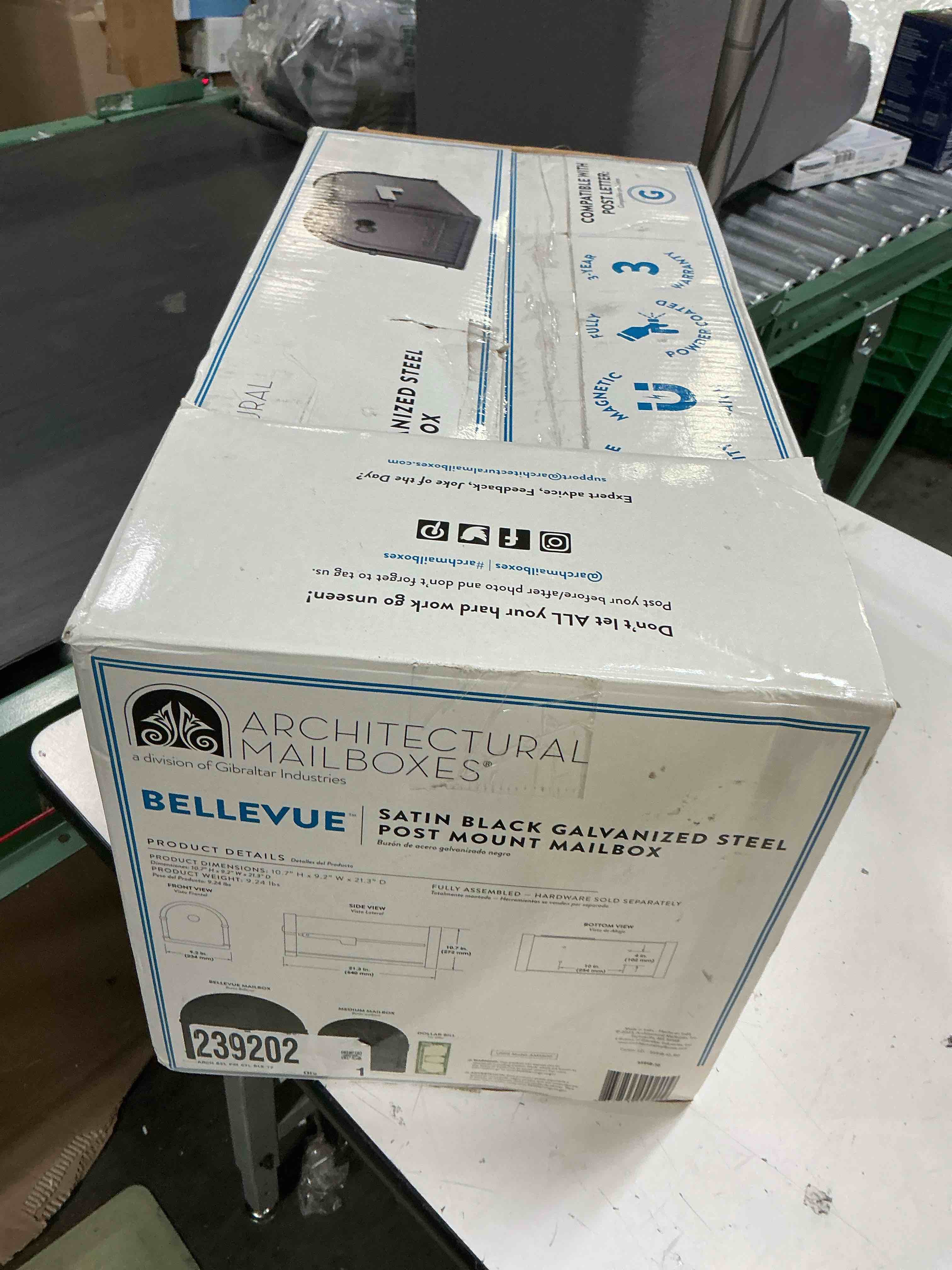 Condition photo showing As Is for architectural mailboxes 10-in x 11-1/4-in metal black post mount mailbox