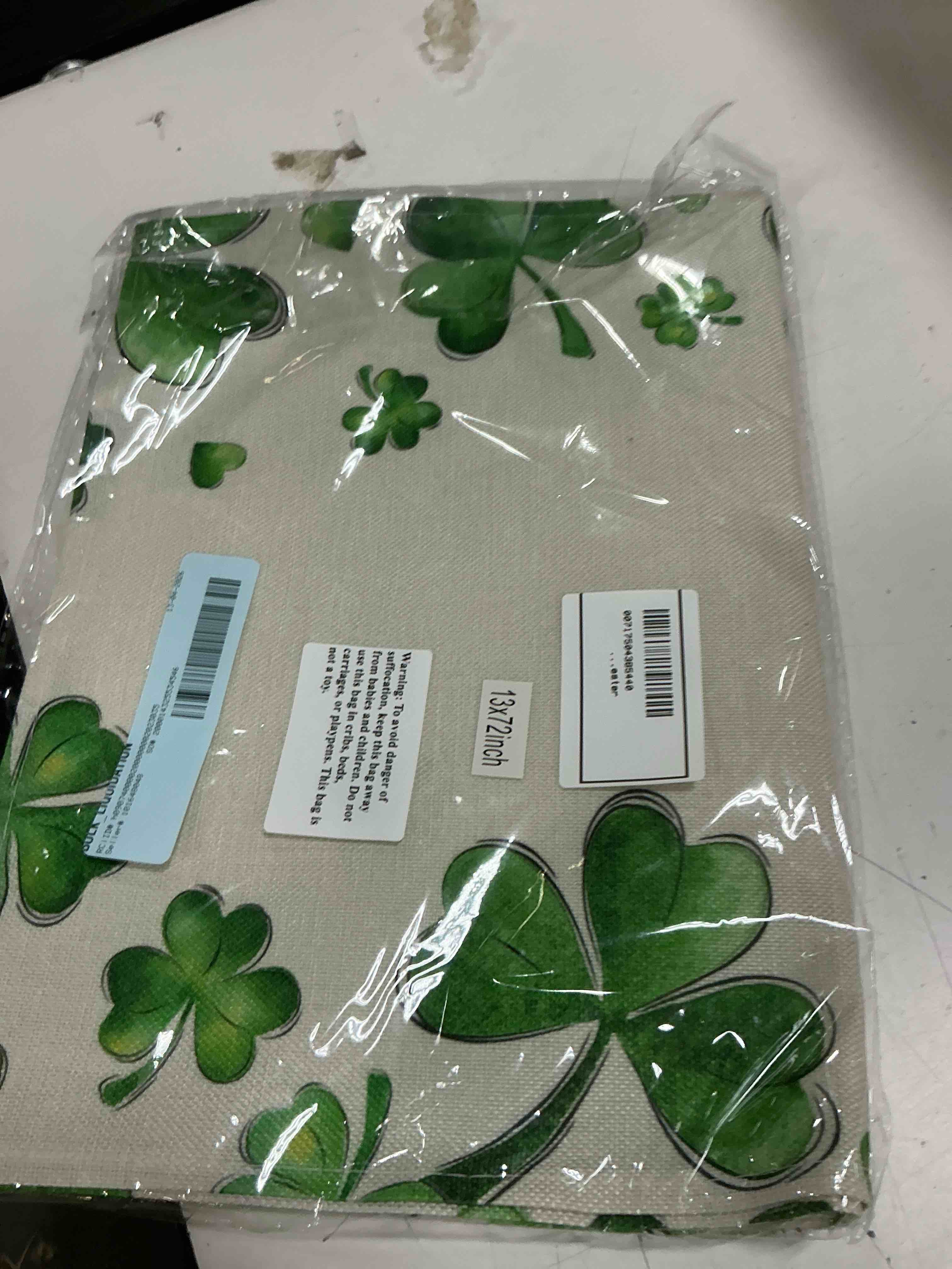 Condition photo showing New/Like New for (2 pack). yibaga st. patrick s day table runner  shamrock spring table decorations for st. patrick s day party dining  13x72 inch  polyester