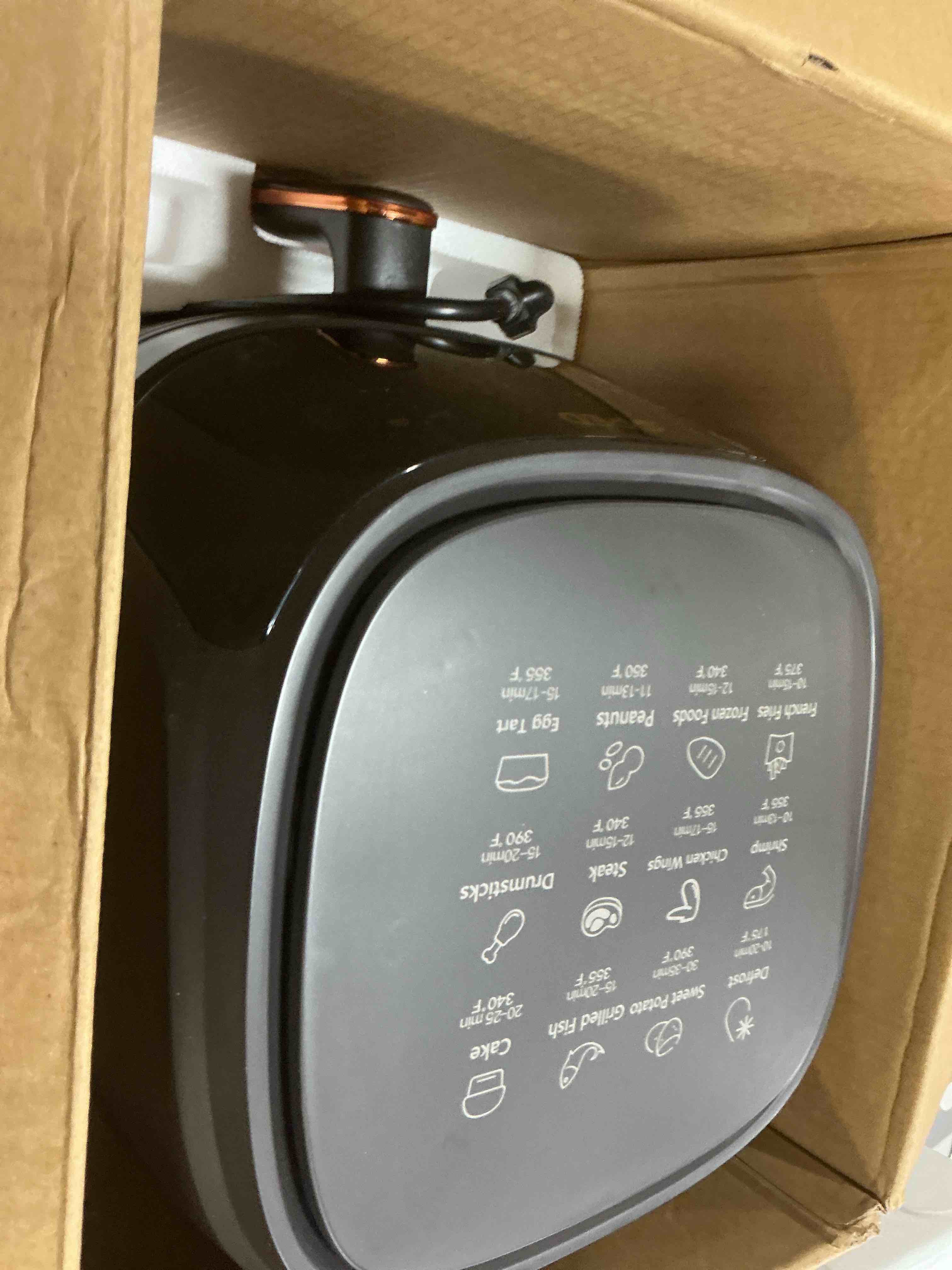Condition photo showing As Is for air fryers, 7.5 qt 8-in-1 oilless air fryer oven with visible cooking window, one-touch screen, nonstick and dishwasher-safe basket, customized temp/time, including air fryer paper liners 50pcs, black 100